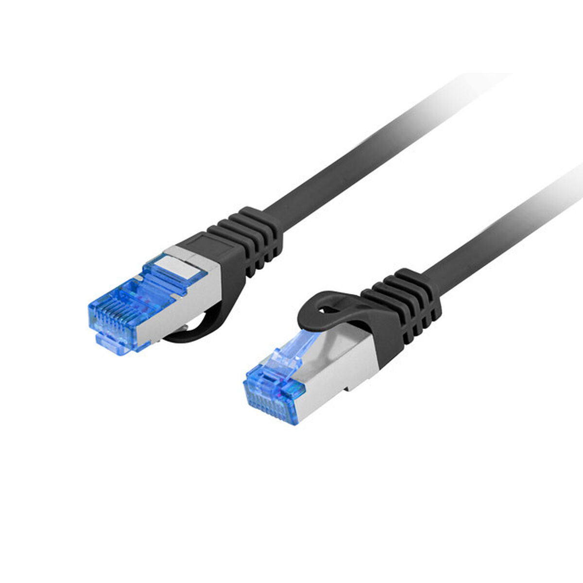 Due connettori per cavi di rete neri con estremità blu. I connettori sono angolati e su sfondo bianco.