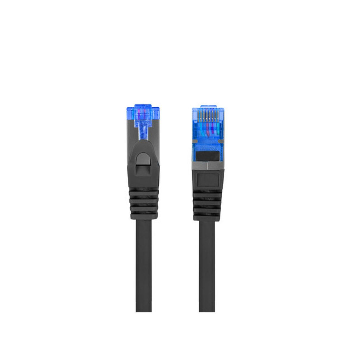 Due connettori per cavi di rete neri. I connettori sono blu e neri con una copertura trasparente.