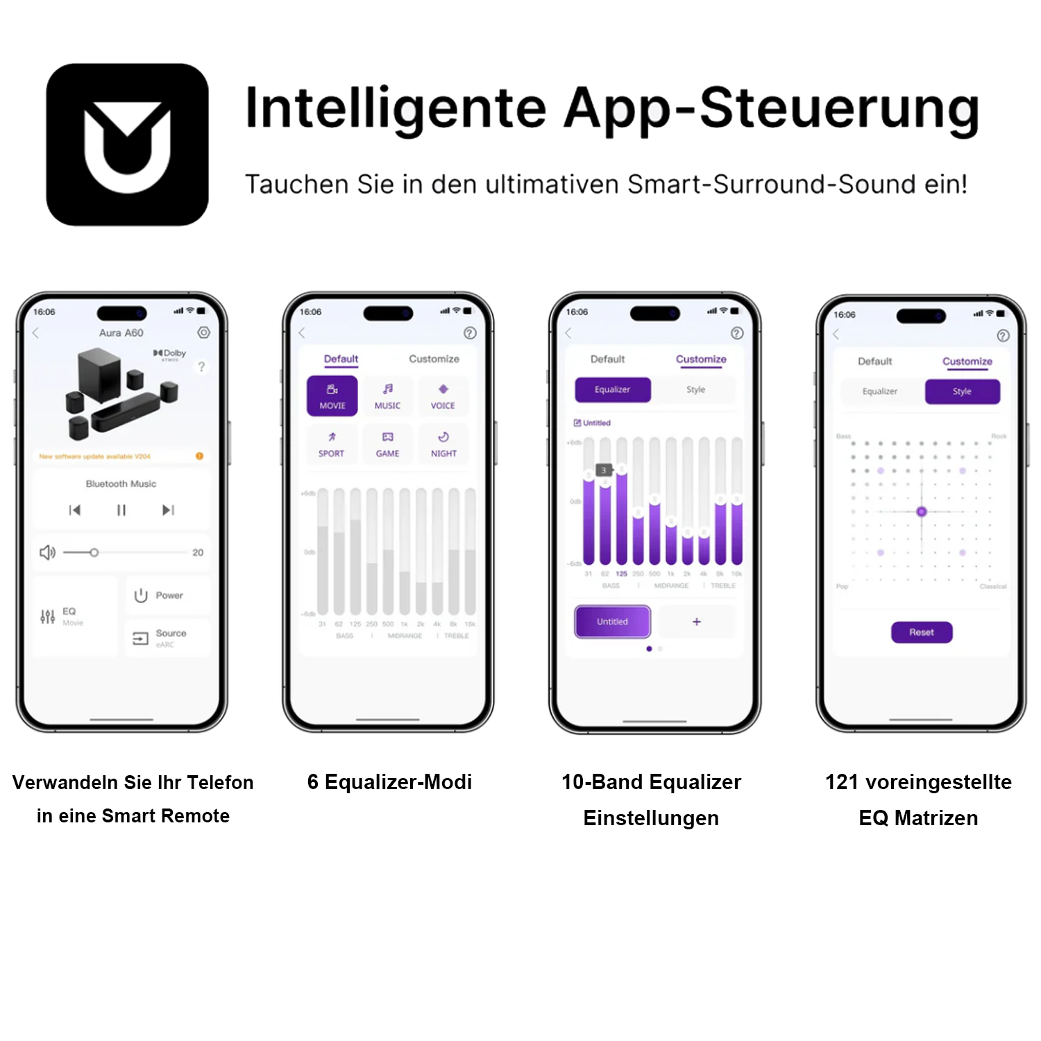 Four smartphone screens displaying an audio app with equalizer settings.