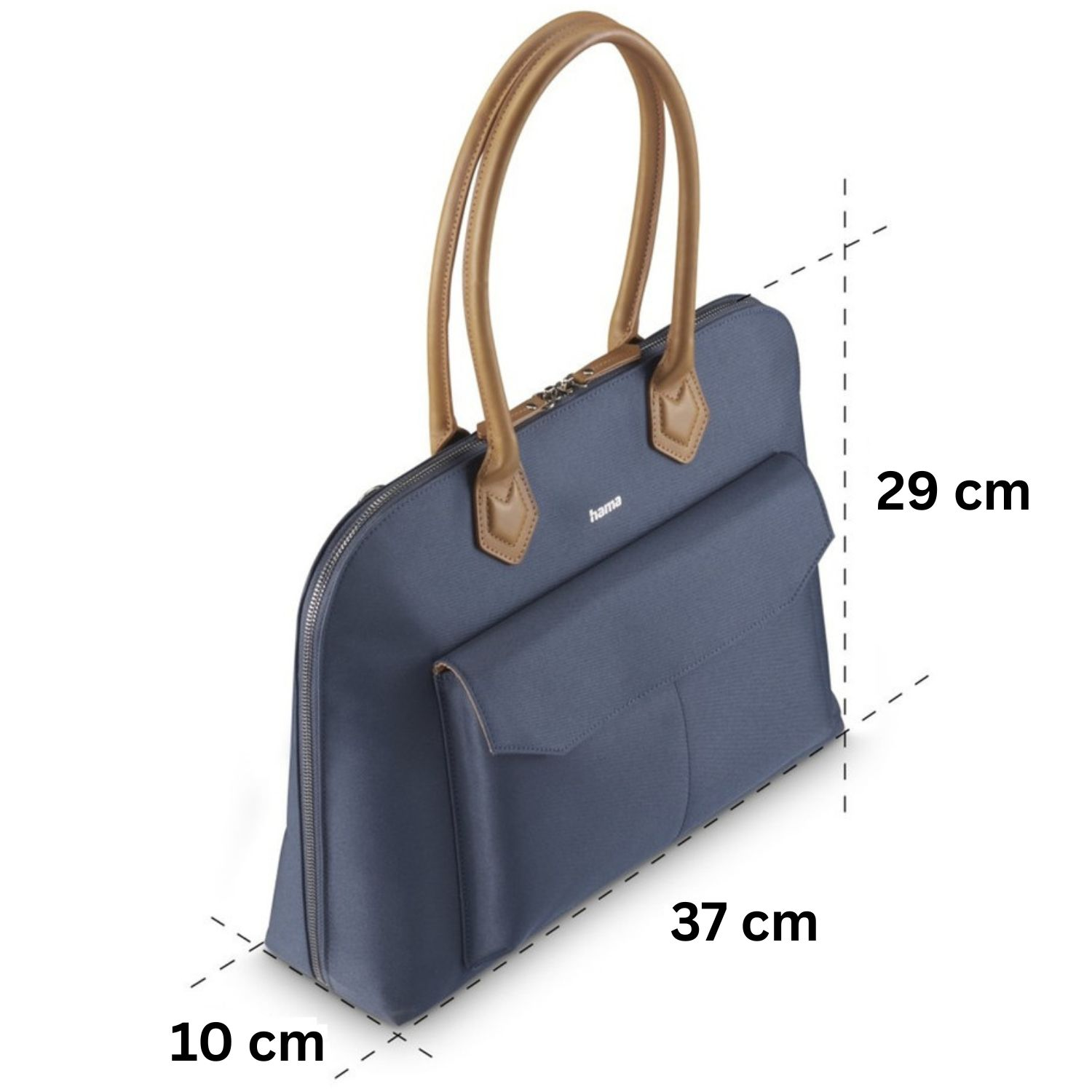 Blaue Laptoptasche mit braunen Griffen. Maße: 37x29x10cm. Marke 'hama' sichtbar.