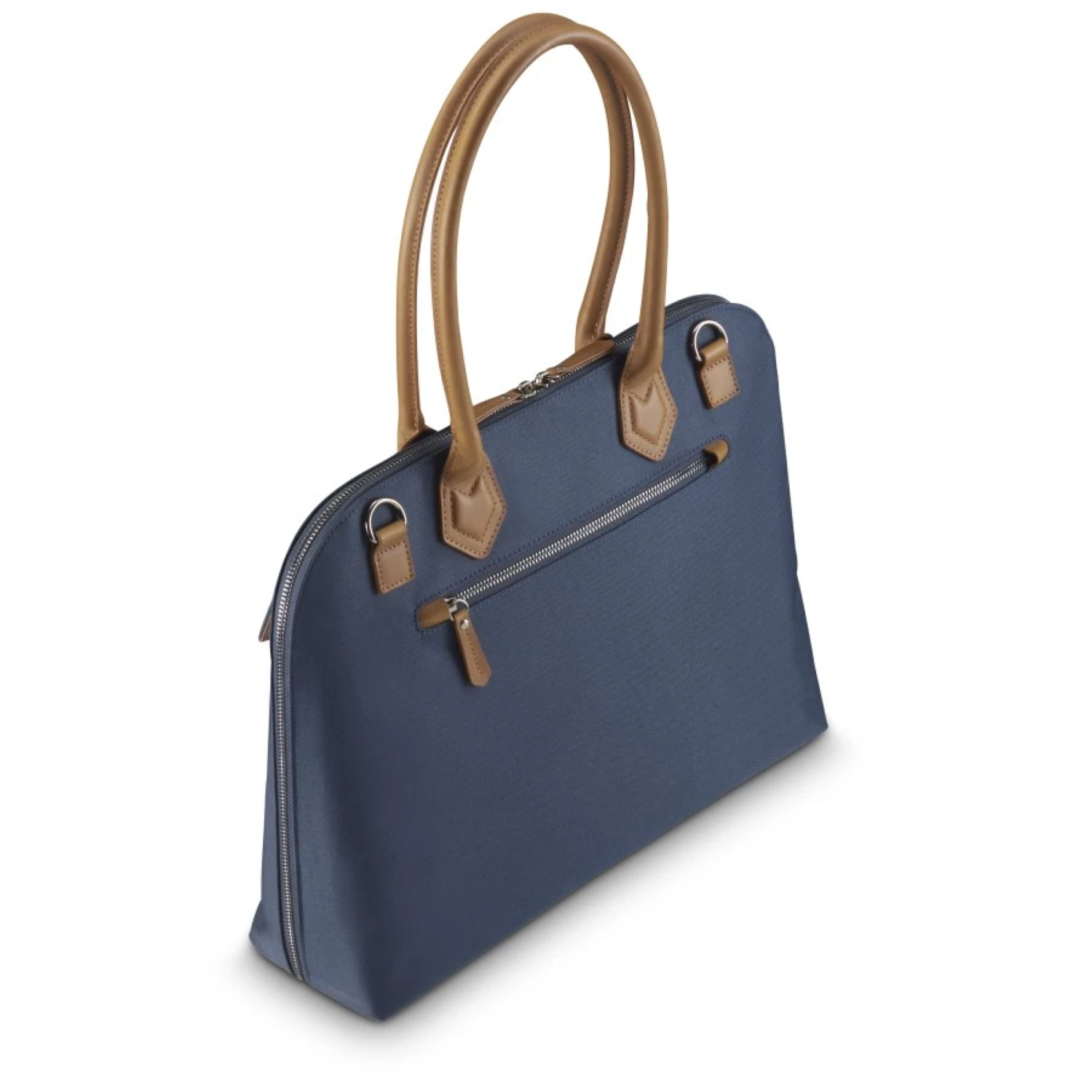 Eine blaue Handtasche mit braunen Griffen und Akzenten. Ein silberner Reißverschluss verläuft über die Oberseite.