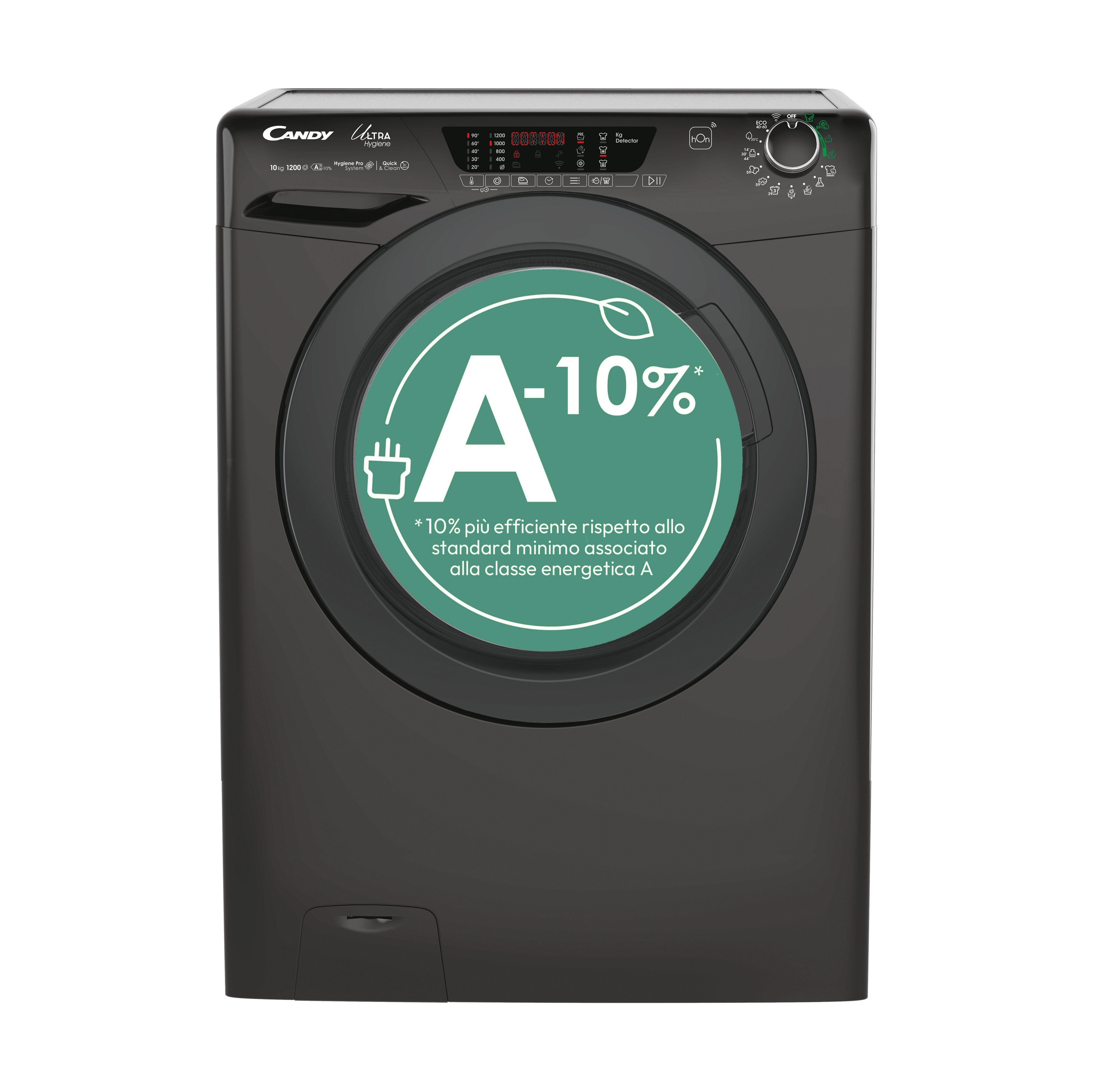 Lavatrice Candy Ultra nera con etichetta di efficienza energetica A-10% sulla porta.
