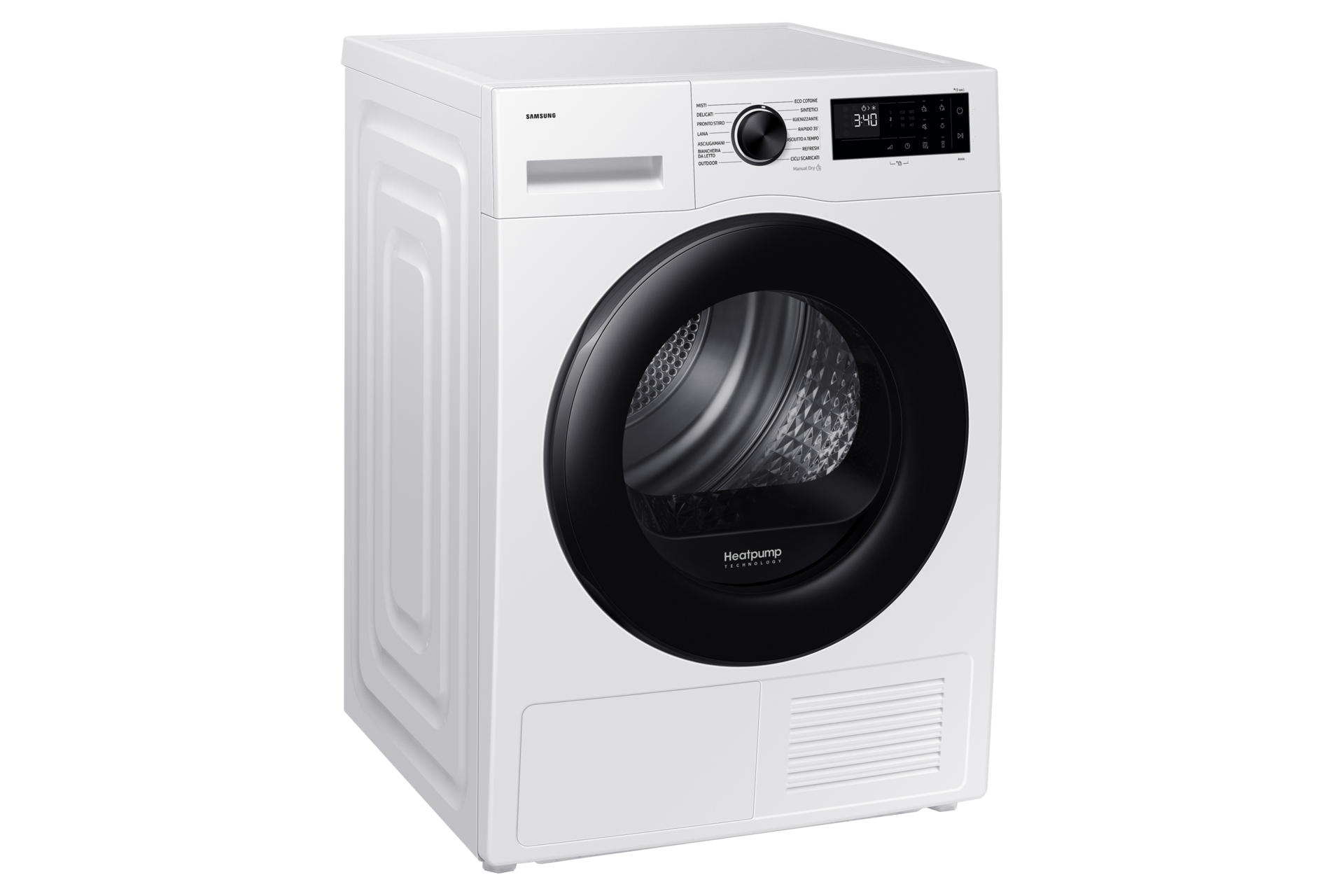 Beyaz Samsung kurutma makinesi. Siyah kapı ve kontrol paneliyle ön görünüm.
