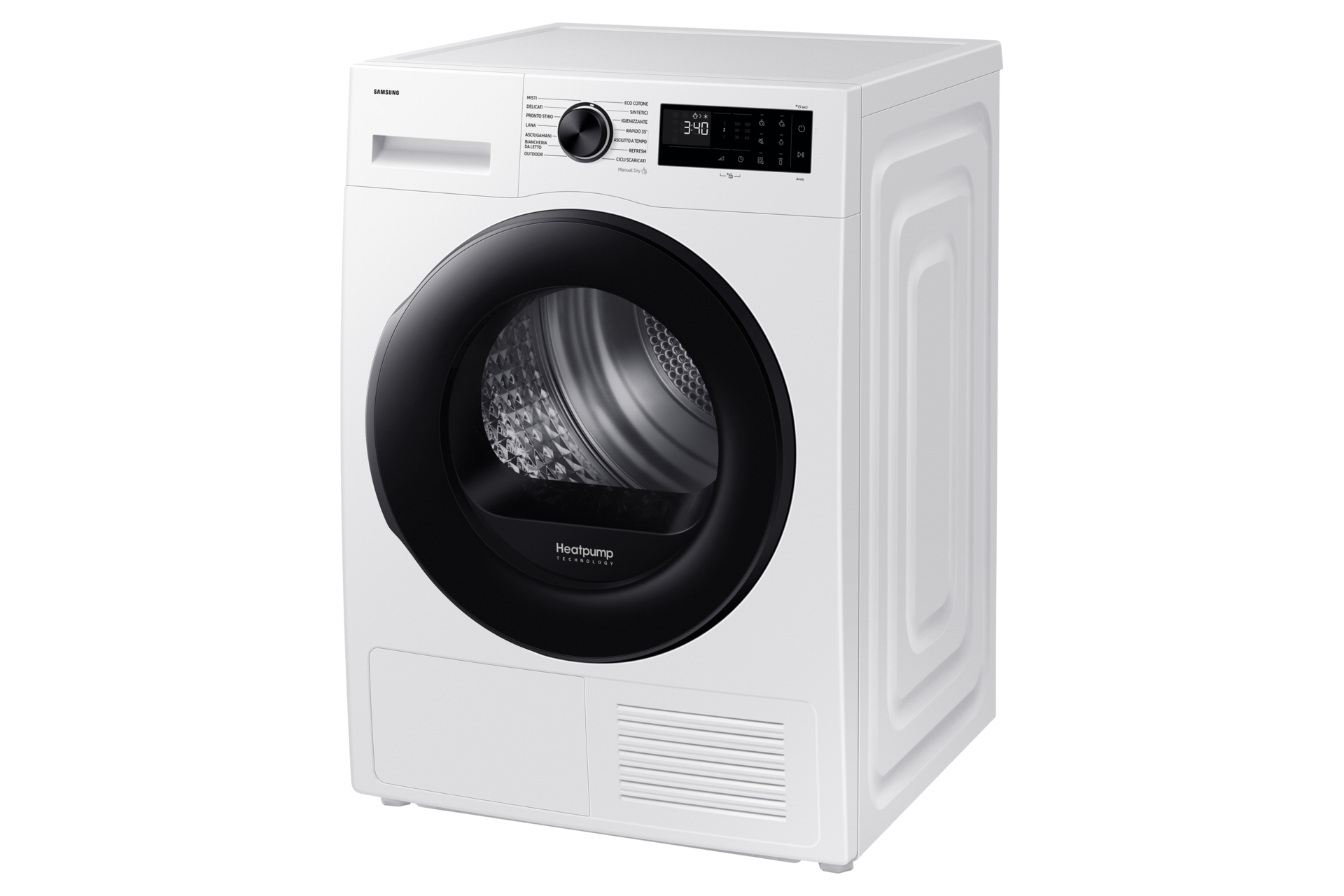 Beyaz Samsung kurutma makinesi, açılı görünüm, siyah kapı ve kontrol paneli. 'Heatpump' teknolojisi.