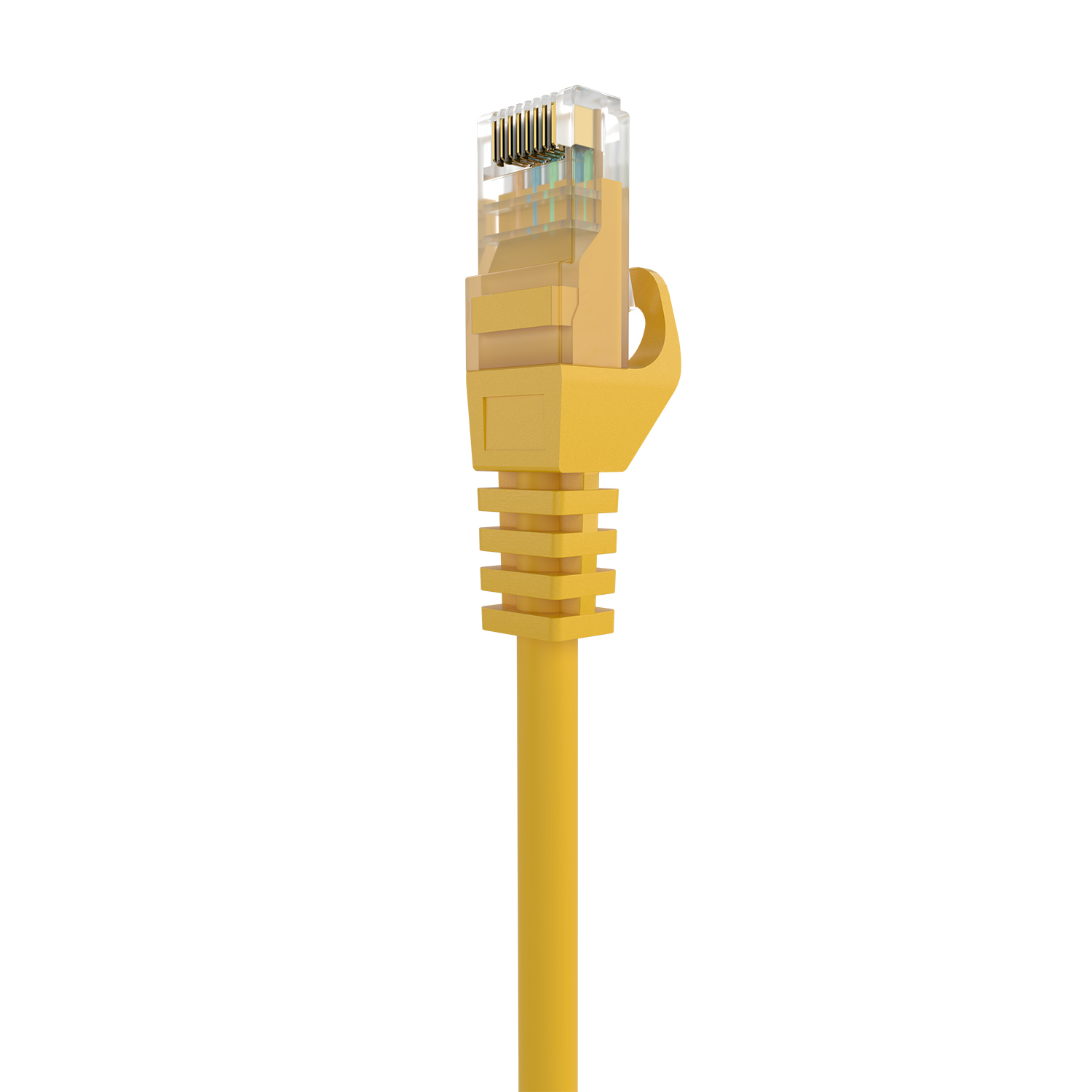 Un primo piano di un connettore per cavo Ethernet giallo su uno sfondo bianco.