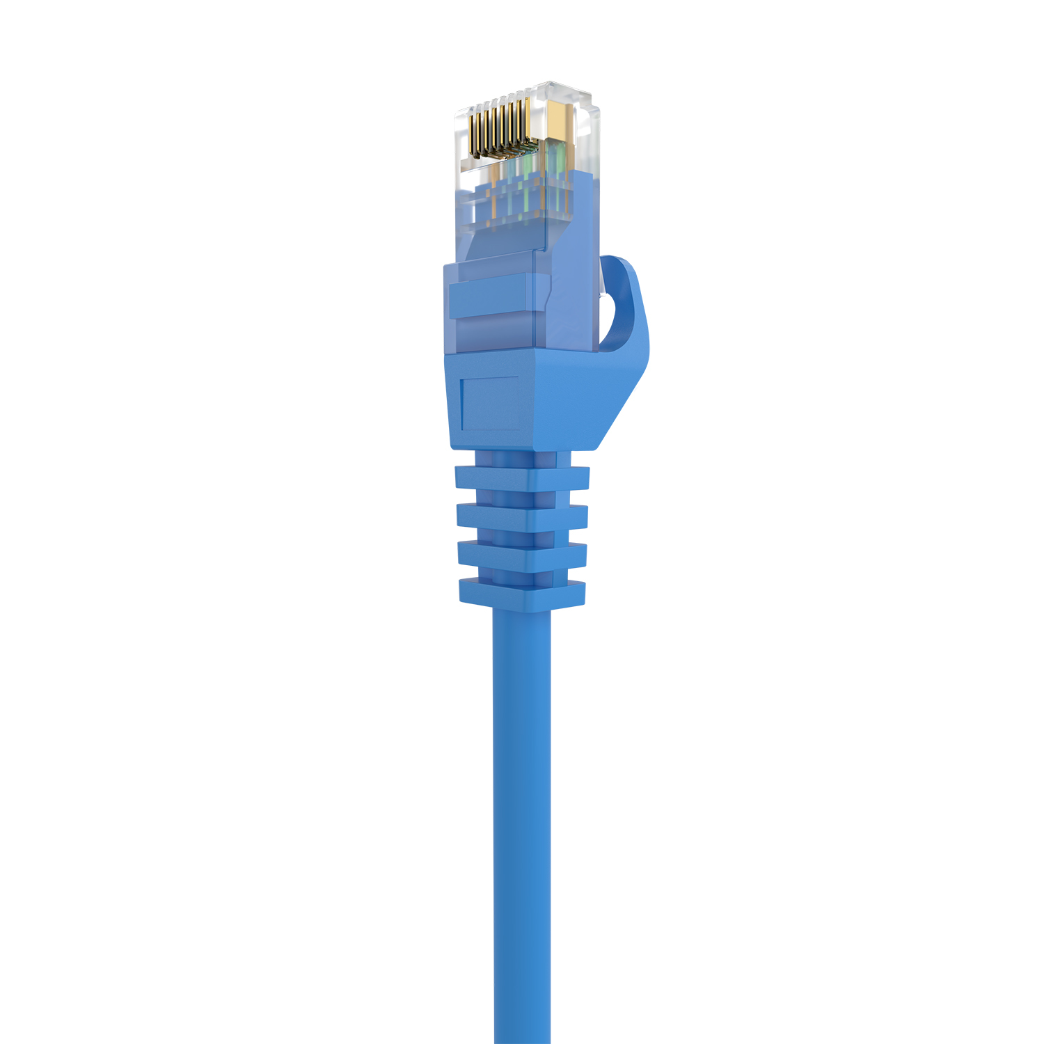 Un primo piano di un connettore per cavo Ethernet blu su uno sfondo bianco.