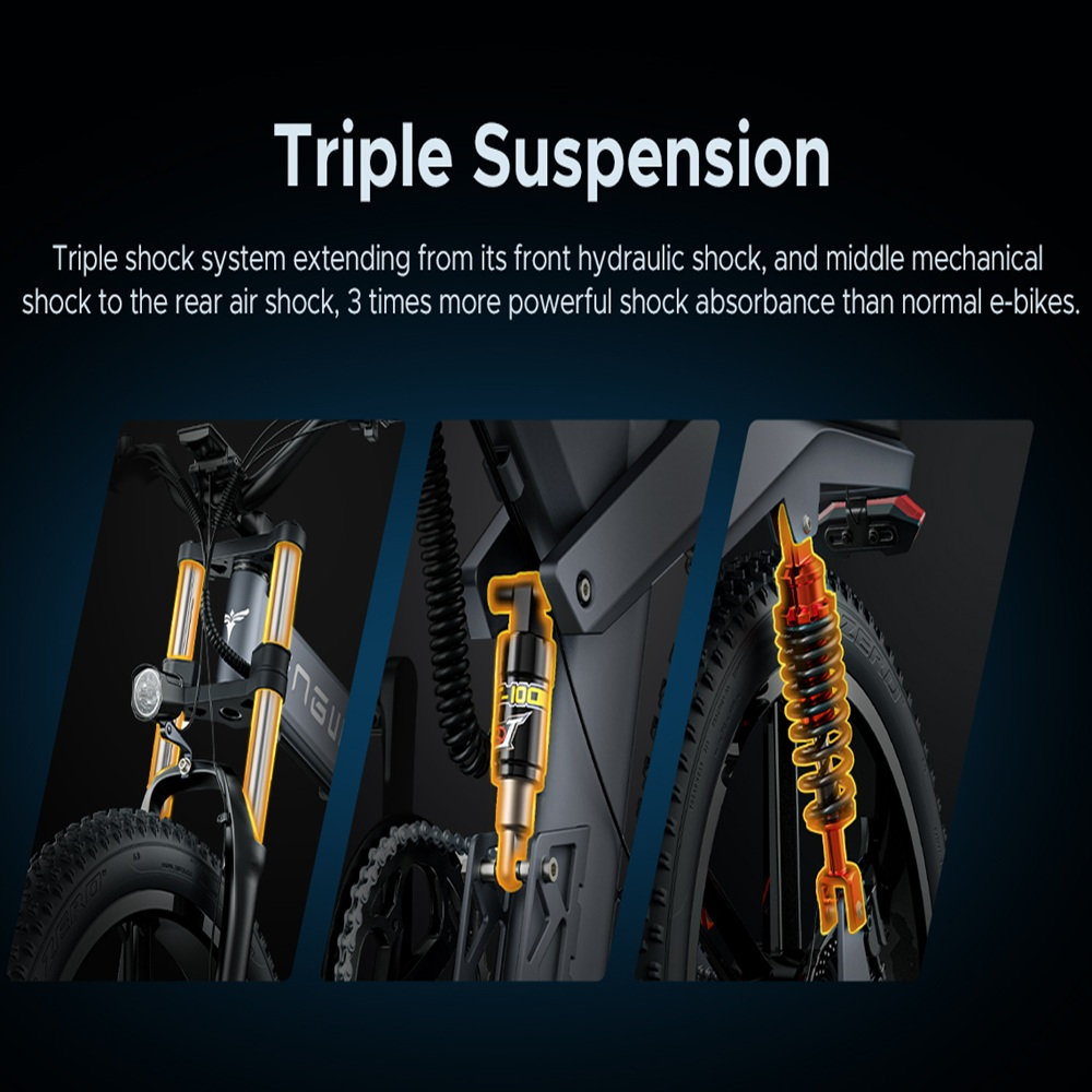 Imagen muestra suspensión triple de e-bike: horquilla delantera, amortiguador central y trasero, con texto superpuesto.