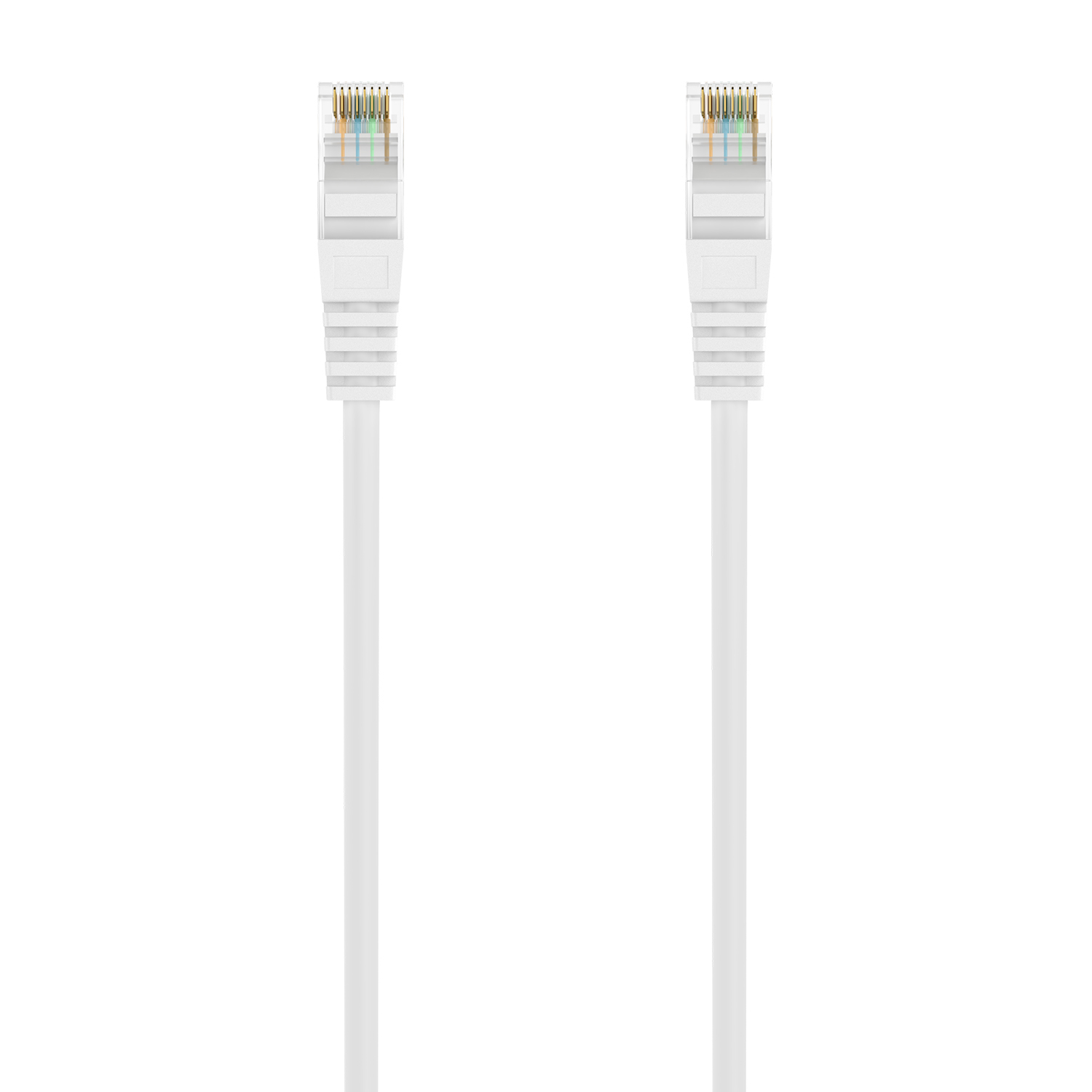 Due cavi Ethernet bianchi con connettori, isolati su sfondo bianco.