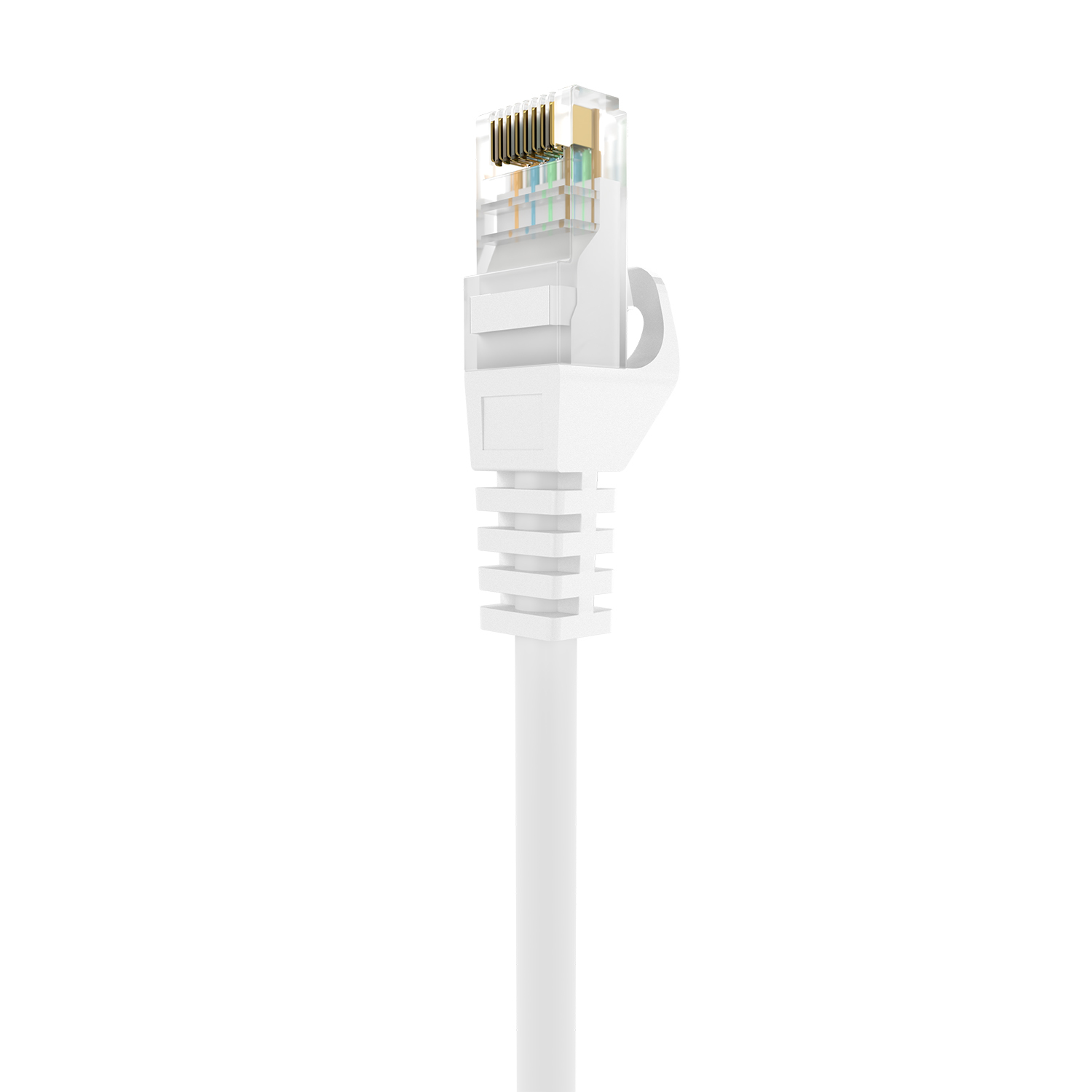 Un primo piano di un connettore per cavo di rete bianco con pin visibili.
