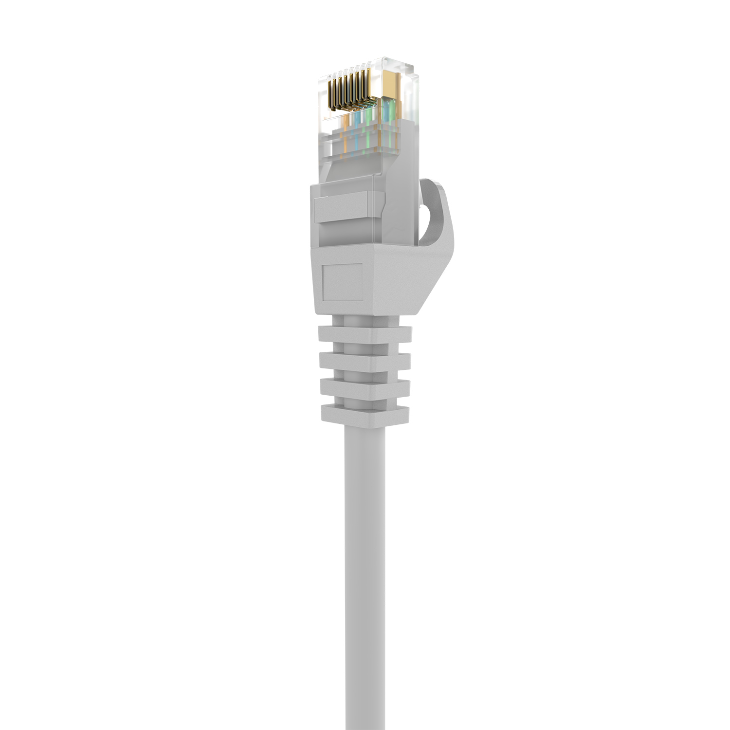 Un primo piano di un connettore per cavo di rete bianco con pin visibili.
