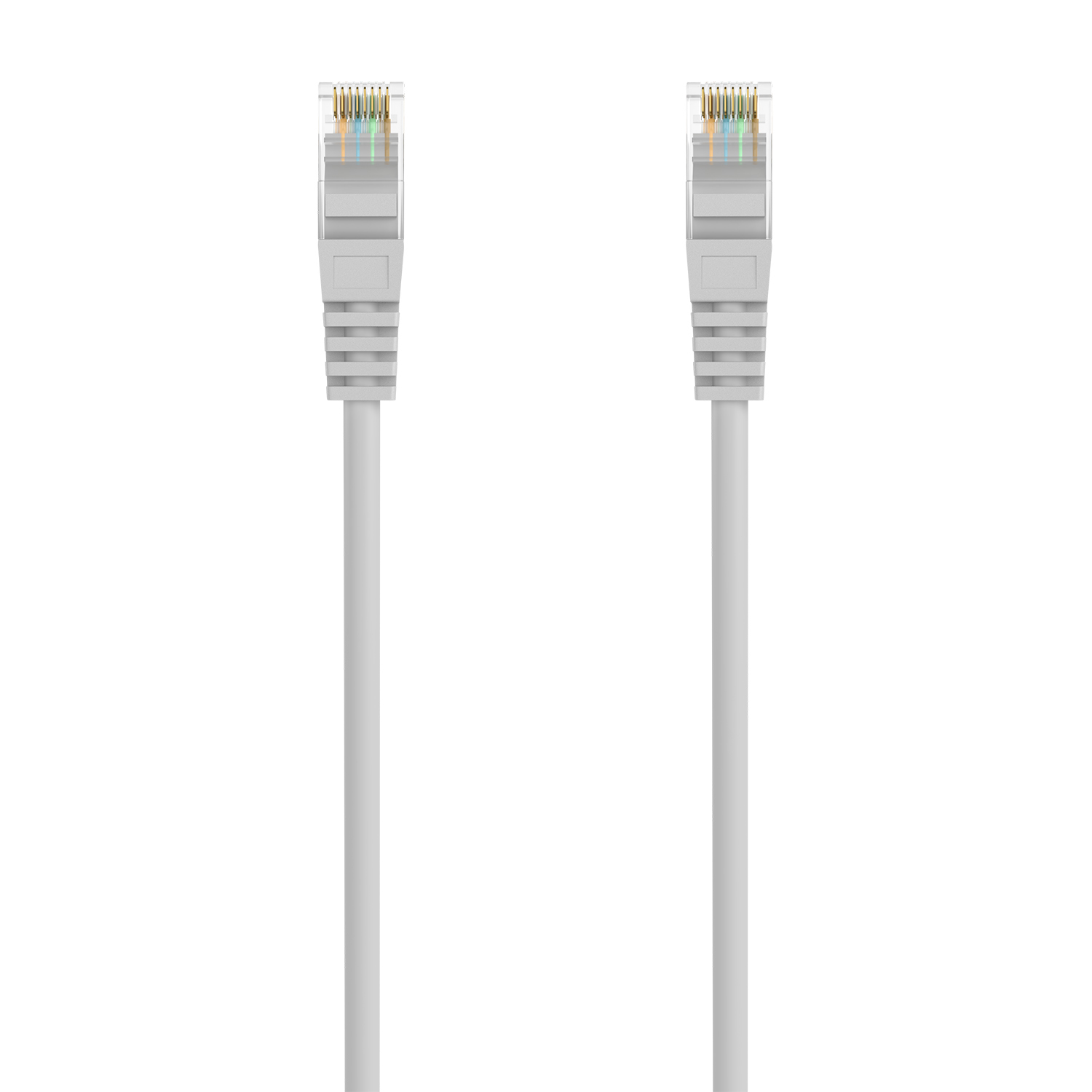 Due cavi Ethernet bianchi con connettori, isolati su sfondo bianco.