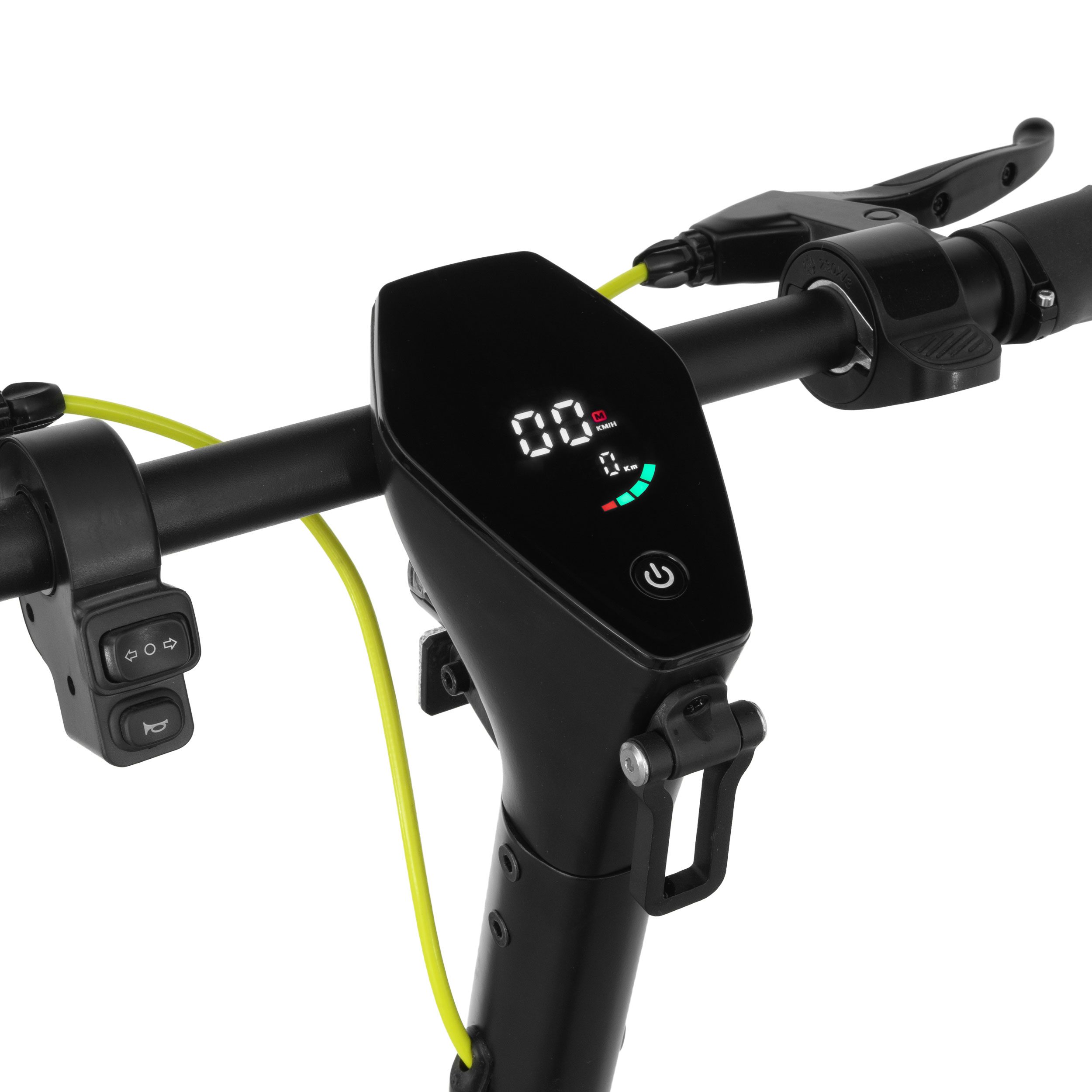 Manillar de patinete eléctrico con pantalla digital que muestra velocidad y potencia.