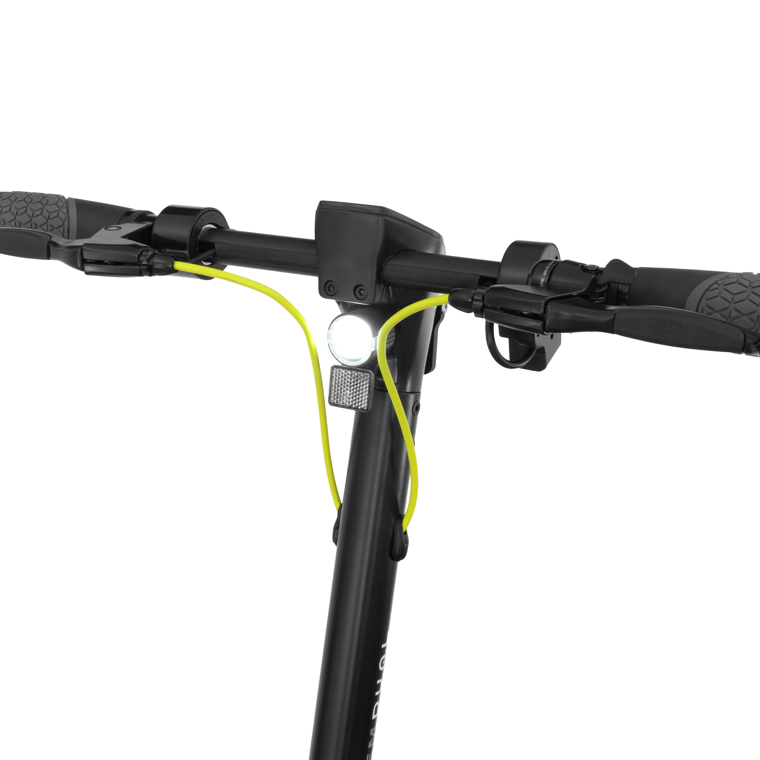 Primer plano del manillar de un patinete eléctrico. Incluye una luz y una tija negra.
