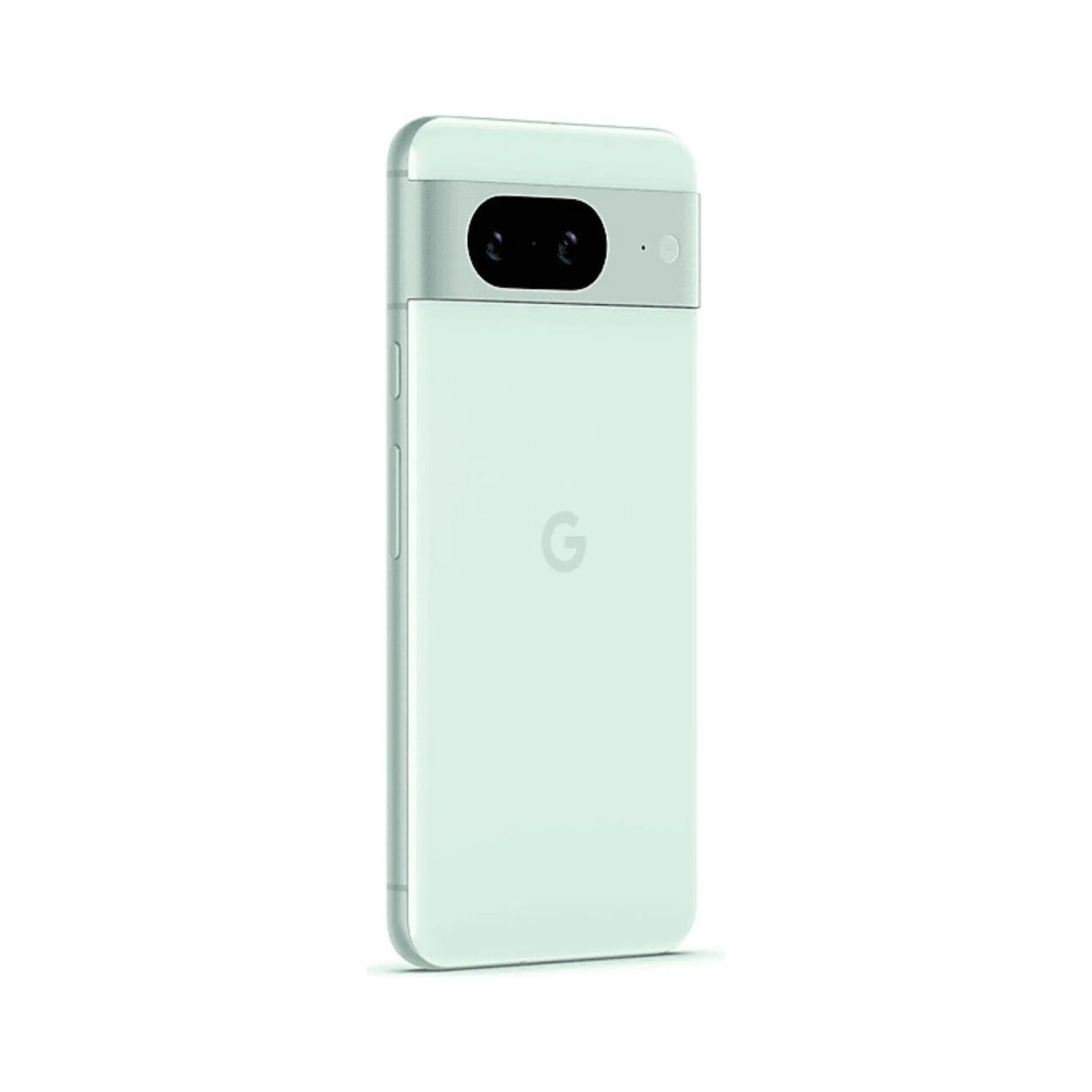 Ein mintgrünes Smartphone mit einer grauen Kameraleiste und weißem Hintergrund. Das Telefon hat ein Google-Logo auf der Rückseite.