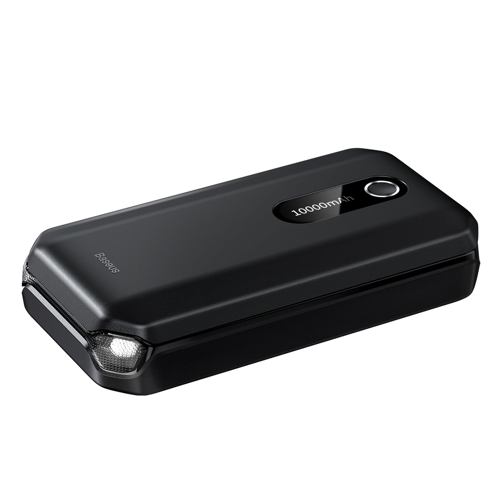 Czarny prostokątny power bank ze światłem na końcu. Ma wyświetlacz 10000mAh i przycisk.