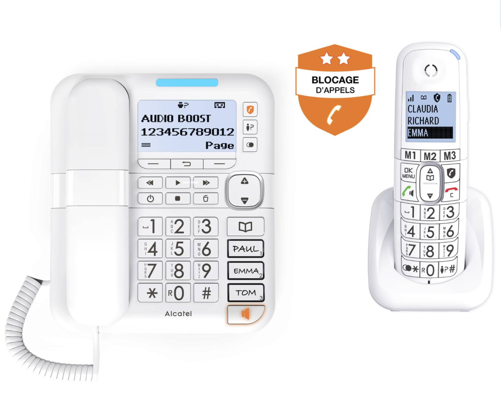 Telefono fisso bianco con base e portatile. Lo schermo mostra un numero di telefono e l'icona del blocco chiamate.