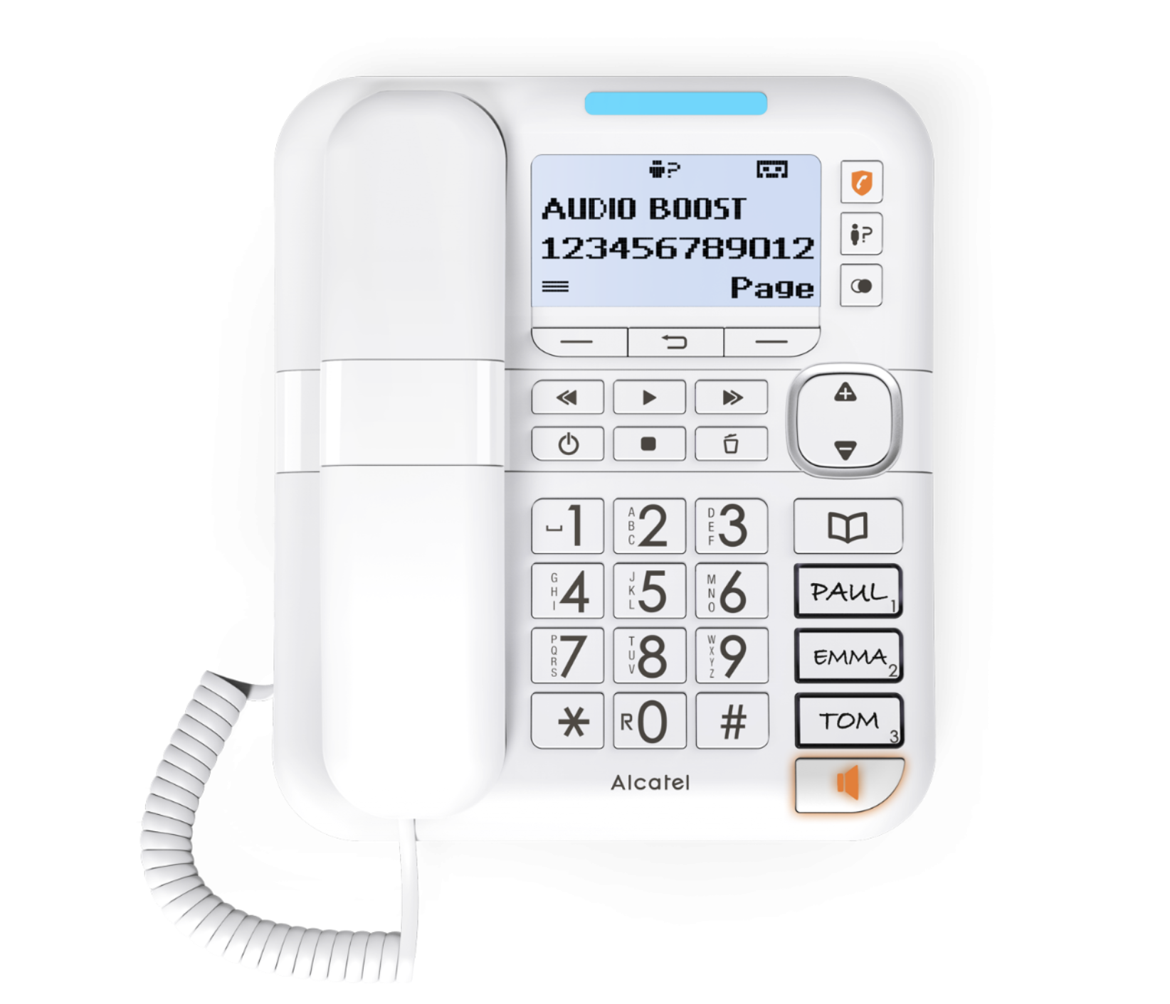 Telefono fisso bianco con display che mostra 'Audio Boost' e un numero di telefono. Ci sono icone di blocco chiamate.