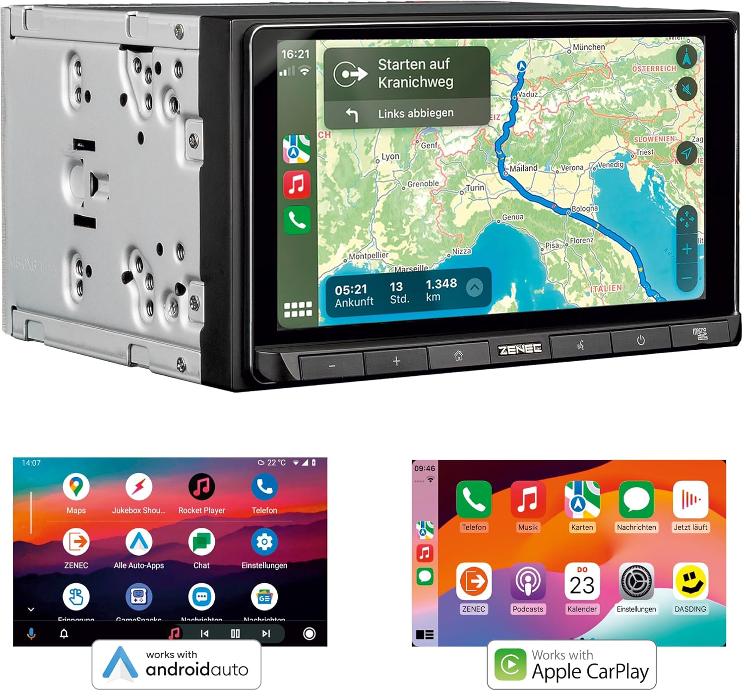 Autoradio mit Navigation und mehreren Apps. Drei kleinere Bildschirme zeigen Android Auto und Apple CarPlay.