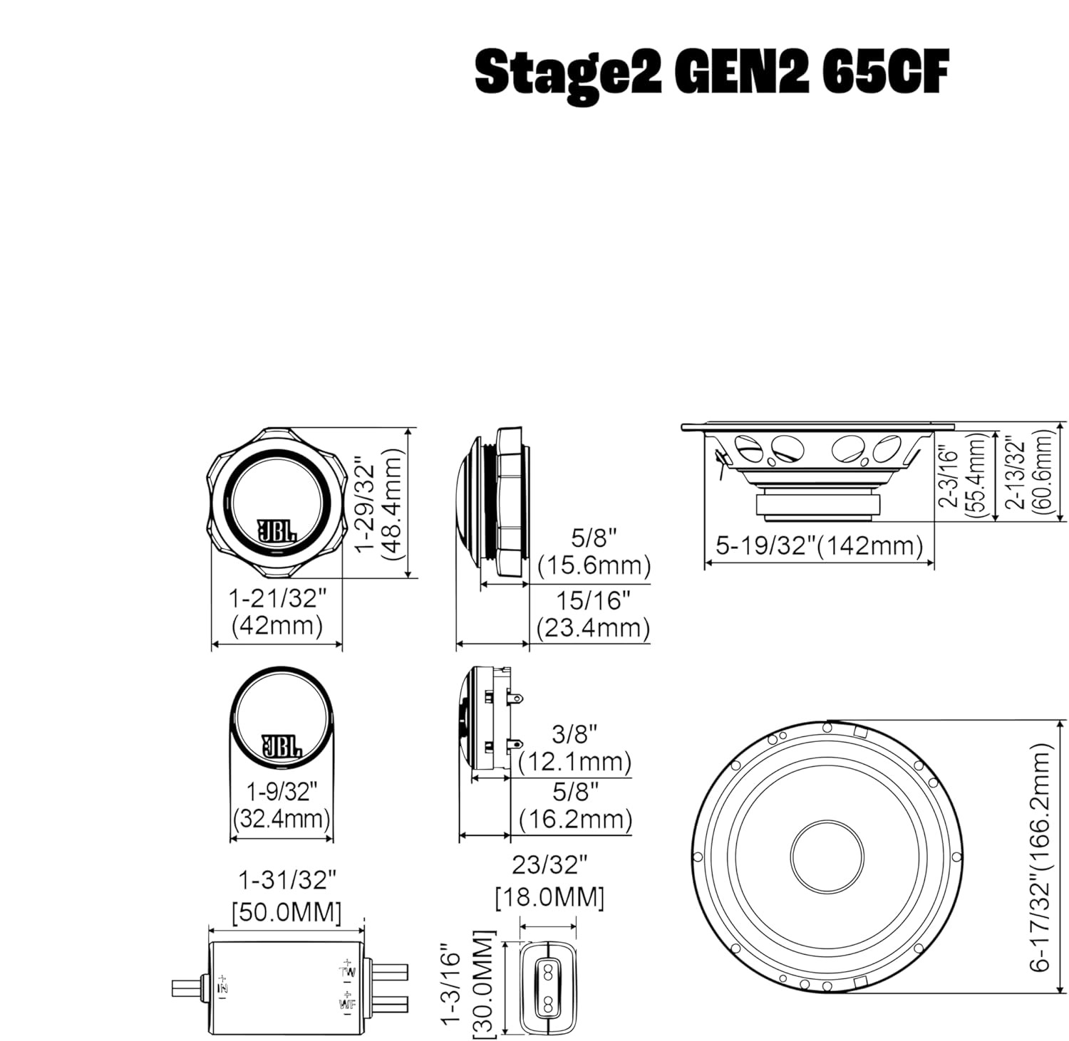 Diagramm eines JBL-Lautsprechers mit verschiedenen Abmessungen in Zoll und Millimetern. Der Lautsprecher ist schwarz.