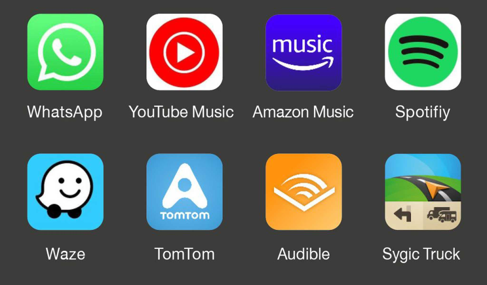 Eine Sammlung von App-Symbolen, darunter WhatsApp, YouTube Music, Amazon Music, Spotify usw.