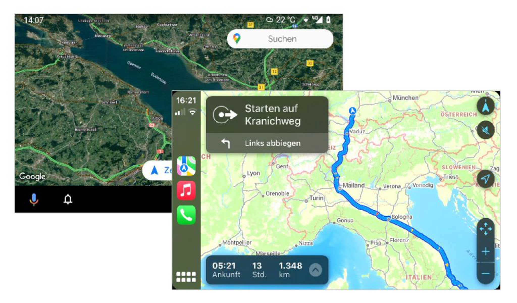Bildschirme zeigen Navigationskarten. Eine Karte zeigt eine Route, eine andere eine Stadt mit Sucheingabe.