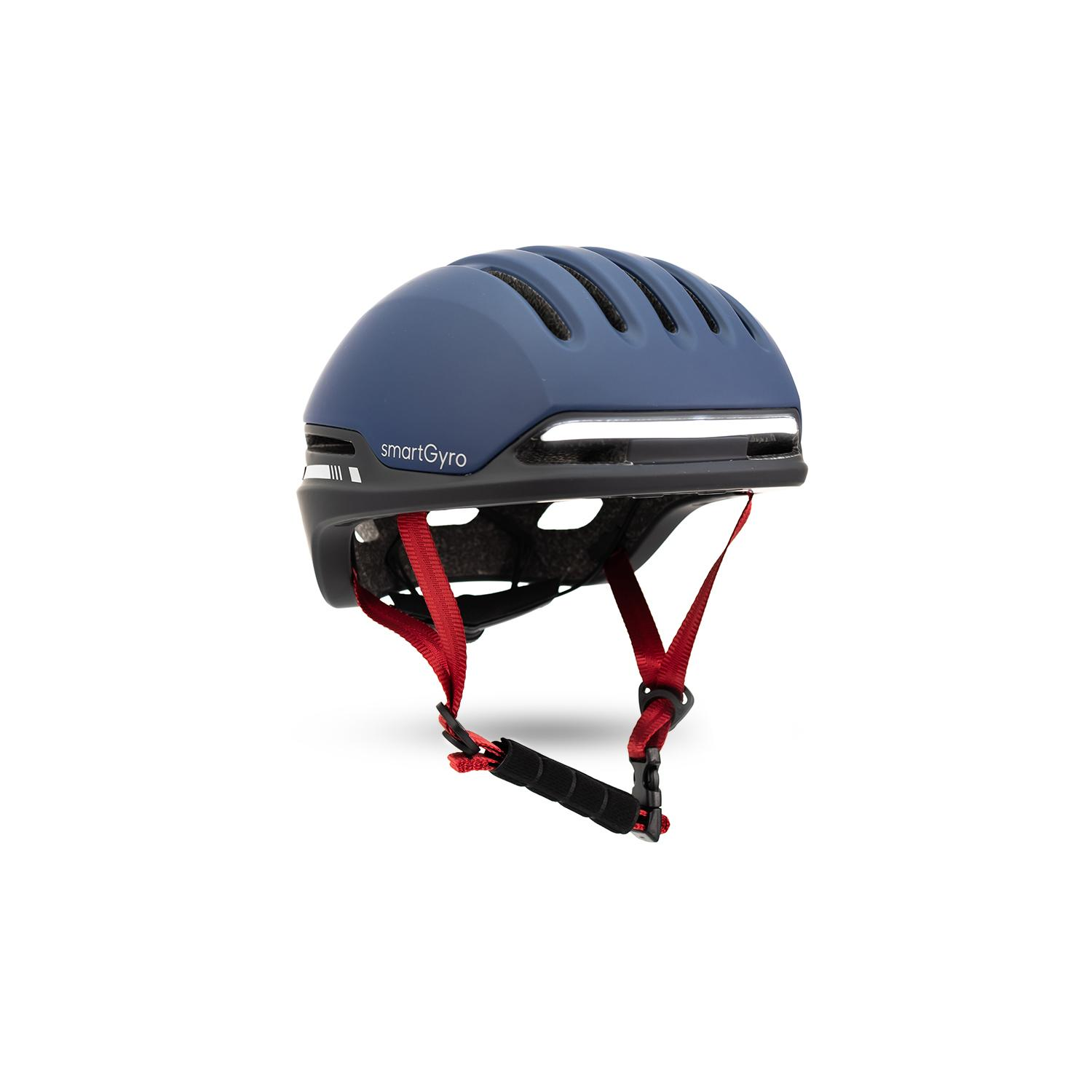 Casco de bicicleta azul marino con correas rojas. Tiene una luz blanca en la parte delantera y la marca smartGyro.