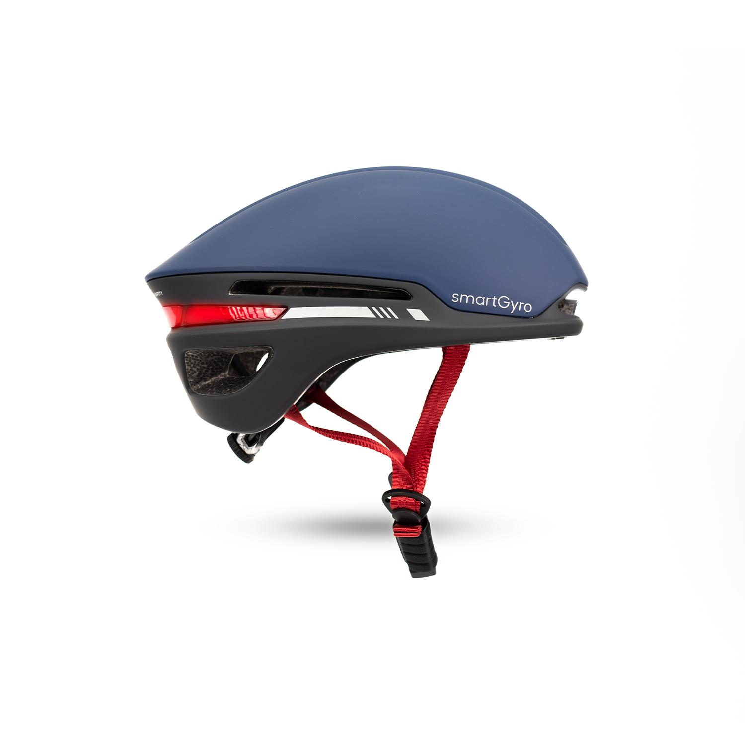 Casco de bicicleta smartGyro azul y negro con luz roja, correas rojas y nombre de la marca en el lateral.