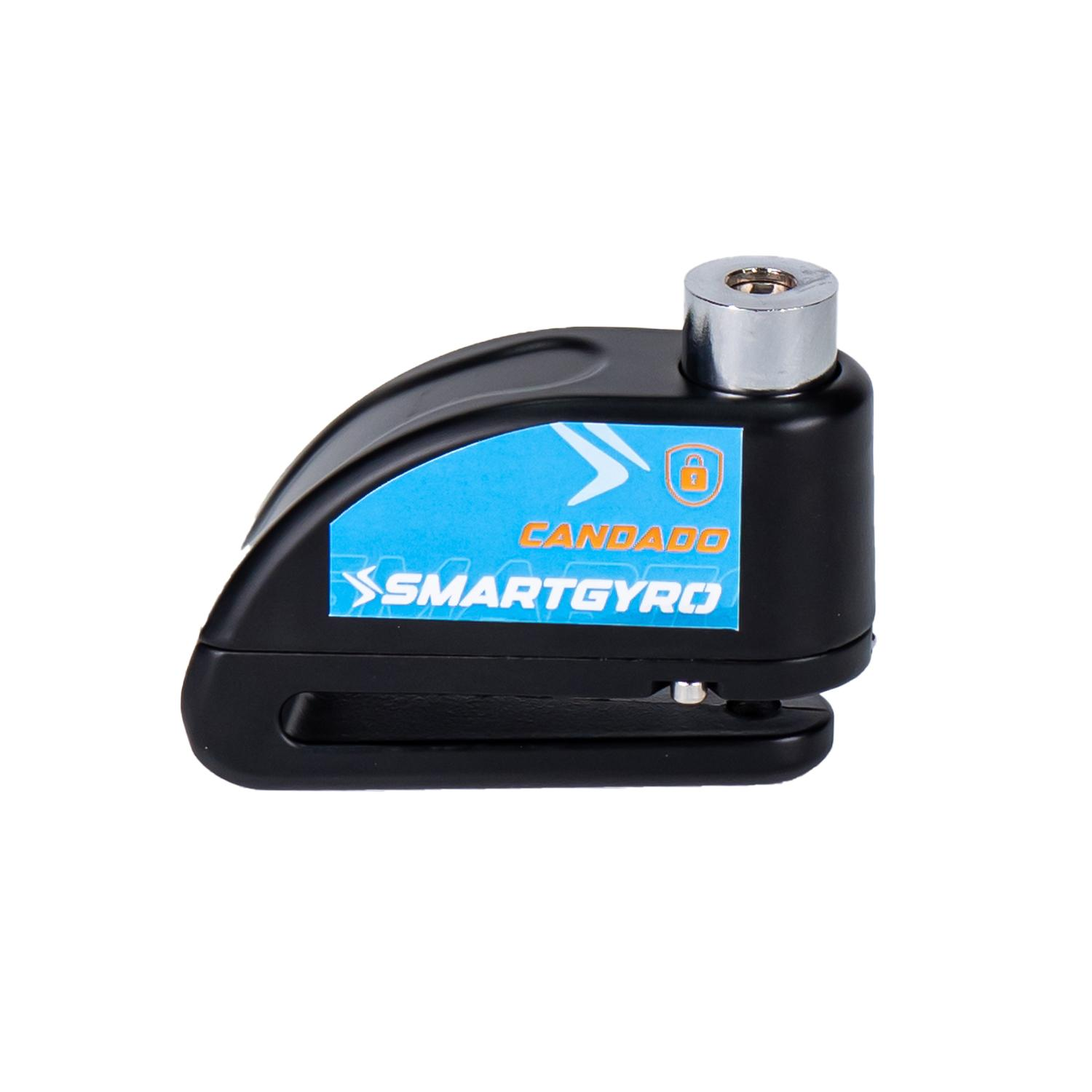 Un candado Candado Smartgyro negro, con marca azul y blanca, se muestra sobre un fondo blanco.