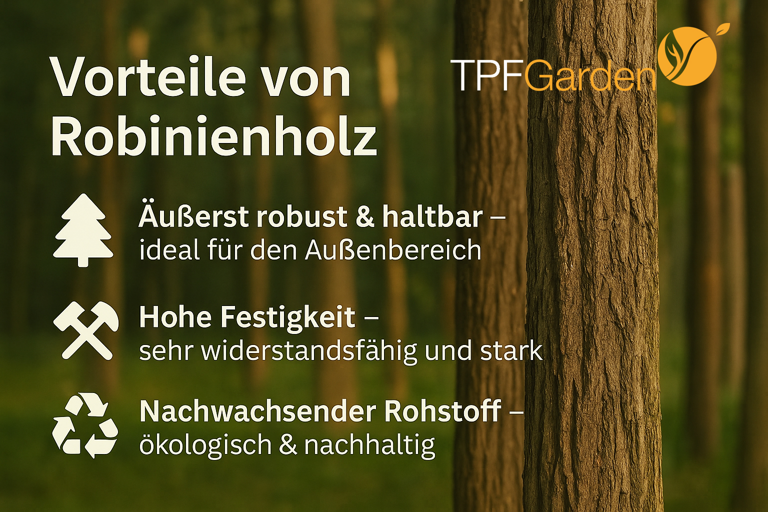 Bild mit Text und Symbolen. Zeigt die Vorteile von Robinienholz: robust, langlebig, hohe Festigkeit und nachhaltig.