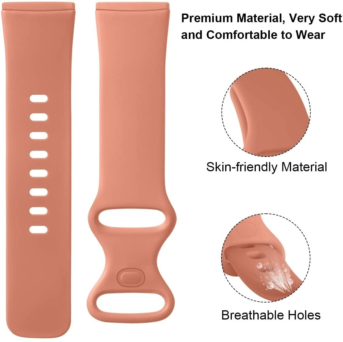 Nahaufnahme von zwei Uhrenarmbändern. Ein Armband mit atmungsaktiven Löchern. Text: Premium-Material, sehr weich und bequem.