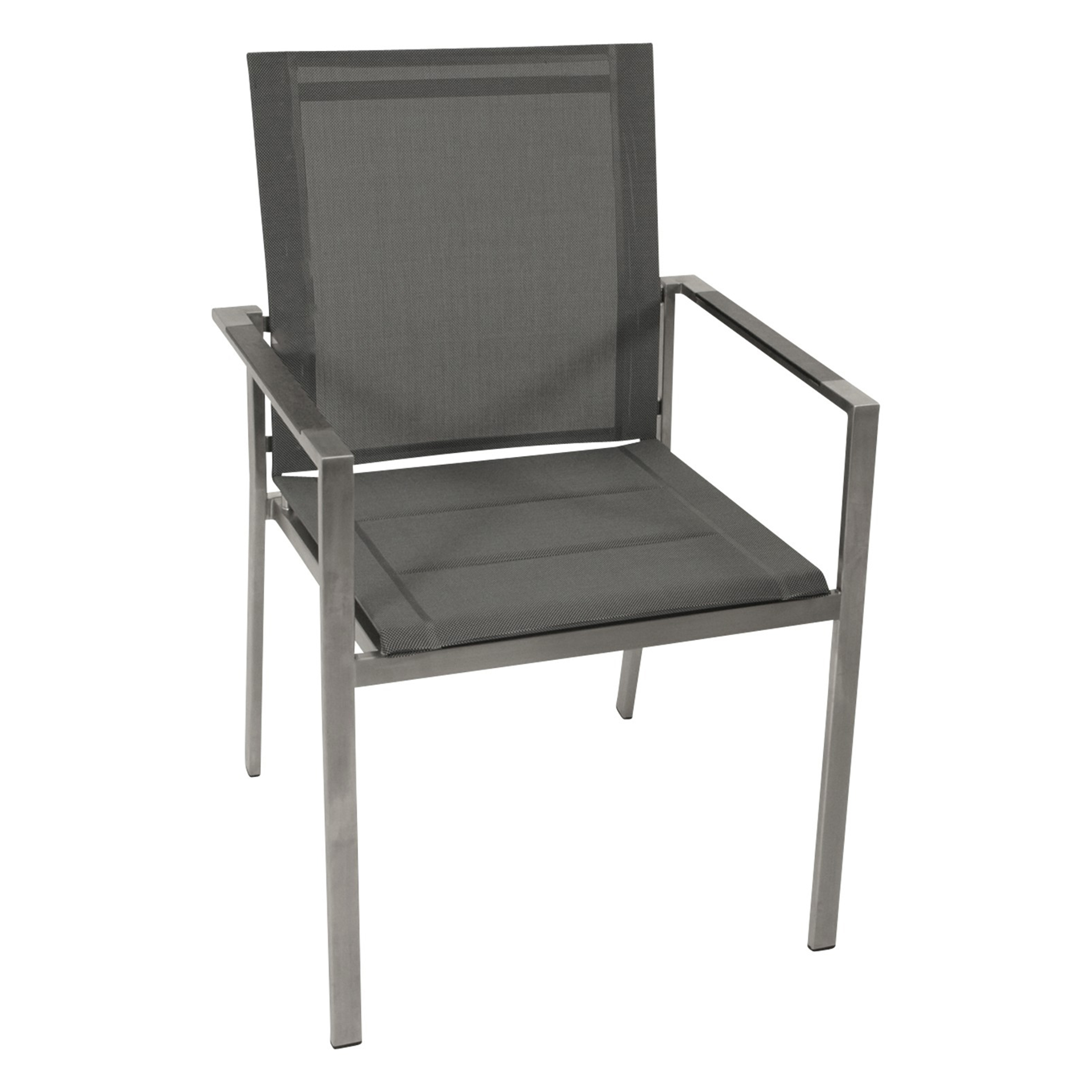 Grauer Outdoor-Stuhl mit quadratischer Sitzfläche und Rückenlehne, silbernem Rahmen und Armlehnen, isoliert auf weißem Grund.