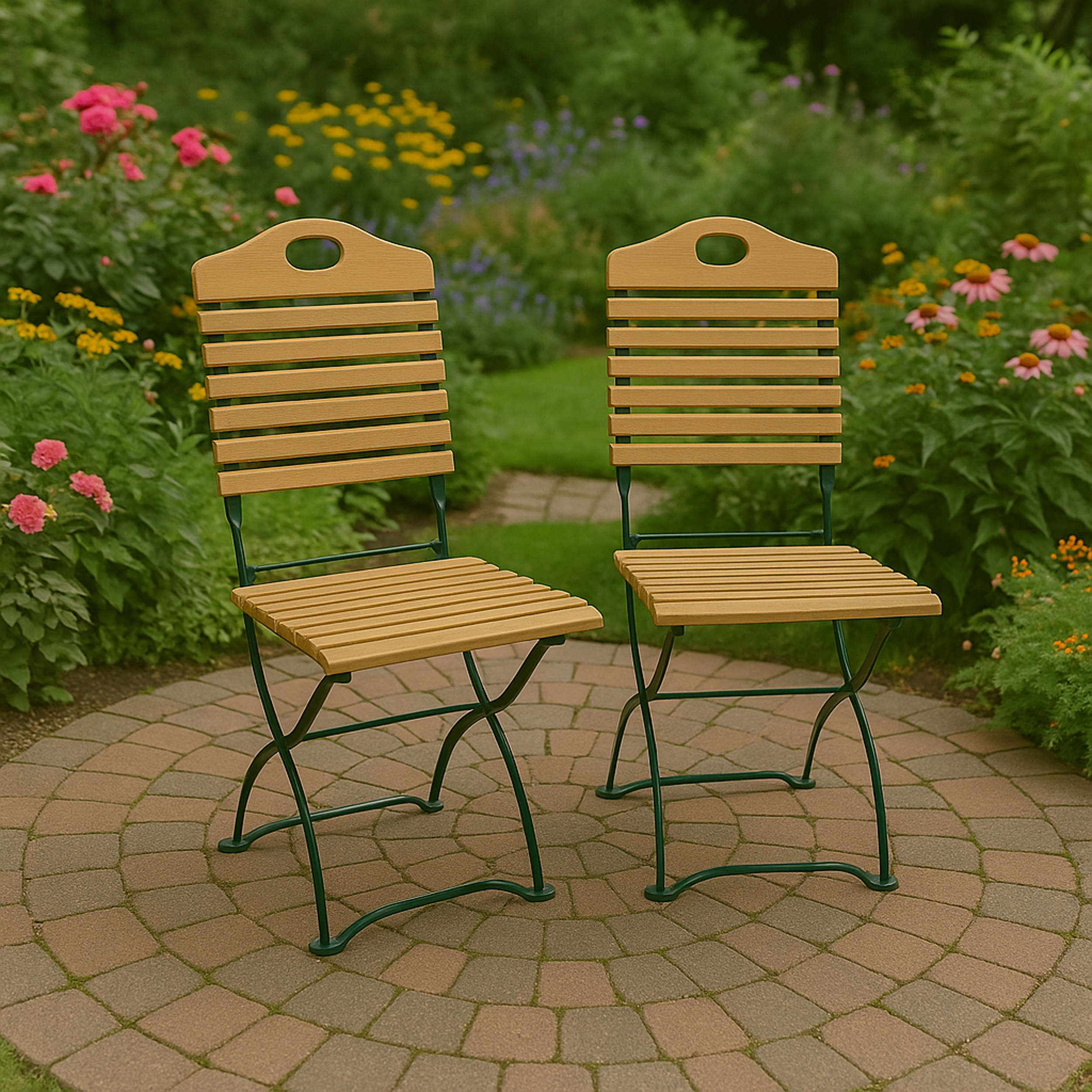 Zwei gelbe Stühle mit grünen Rahmen auf einer Backstein-Terrasse, umgeben von Blumen und Pflanzen.