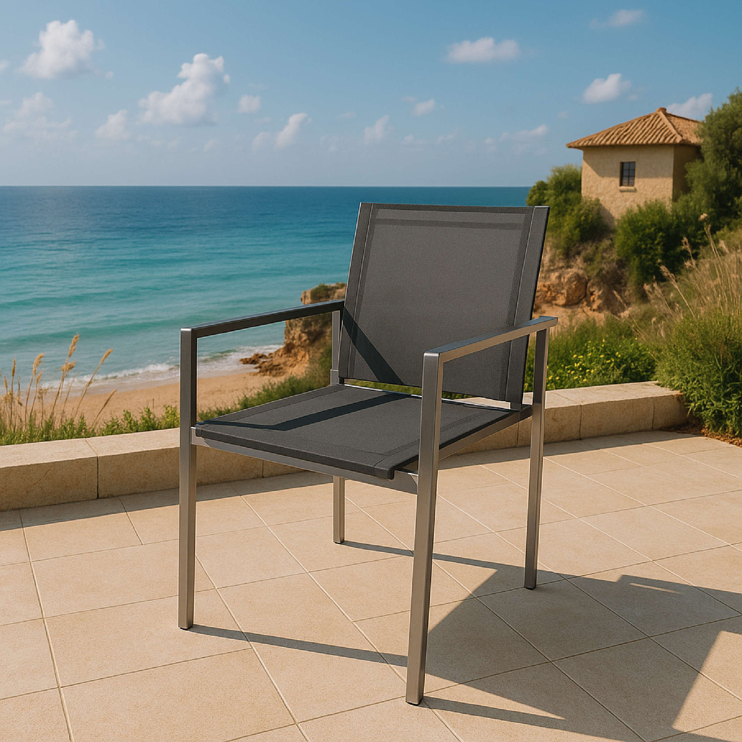 Ein moderner Stuhl mit silbernem Rahmen und dunkelgrauem Sitz auf einer Terrasse mit Meerblick.