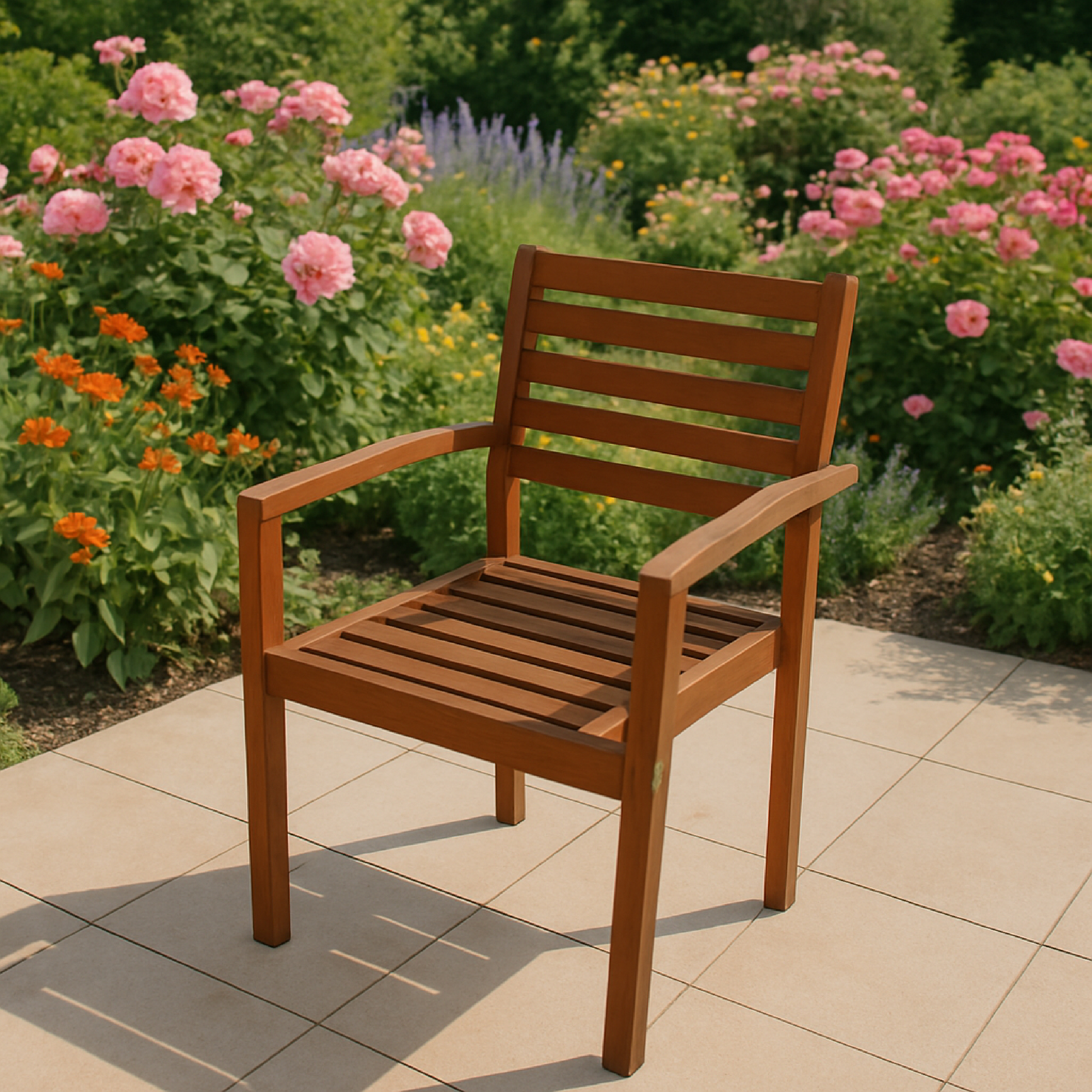 Holzstuhl mit Armlehnen auf einer Terrasse, mit Blumen im Hintergrund.