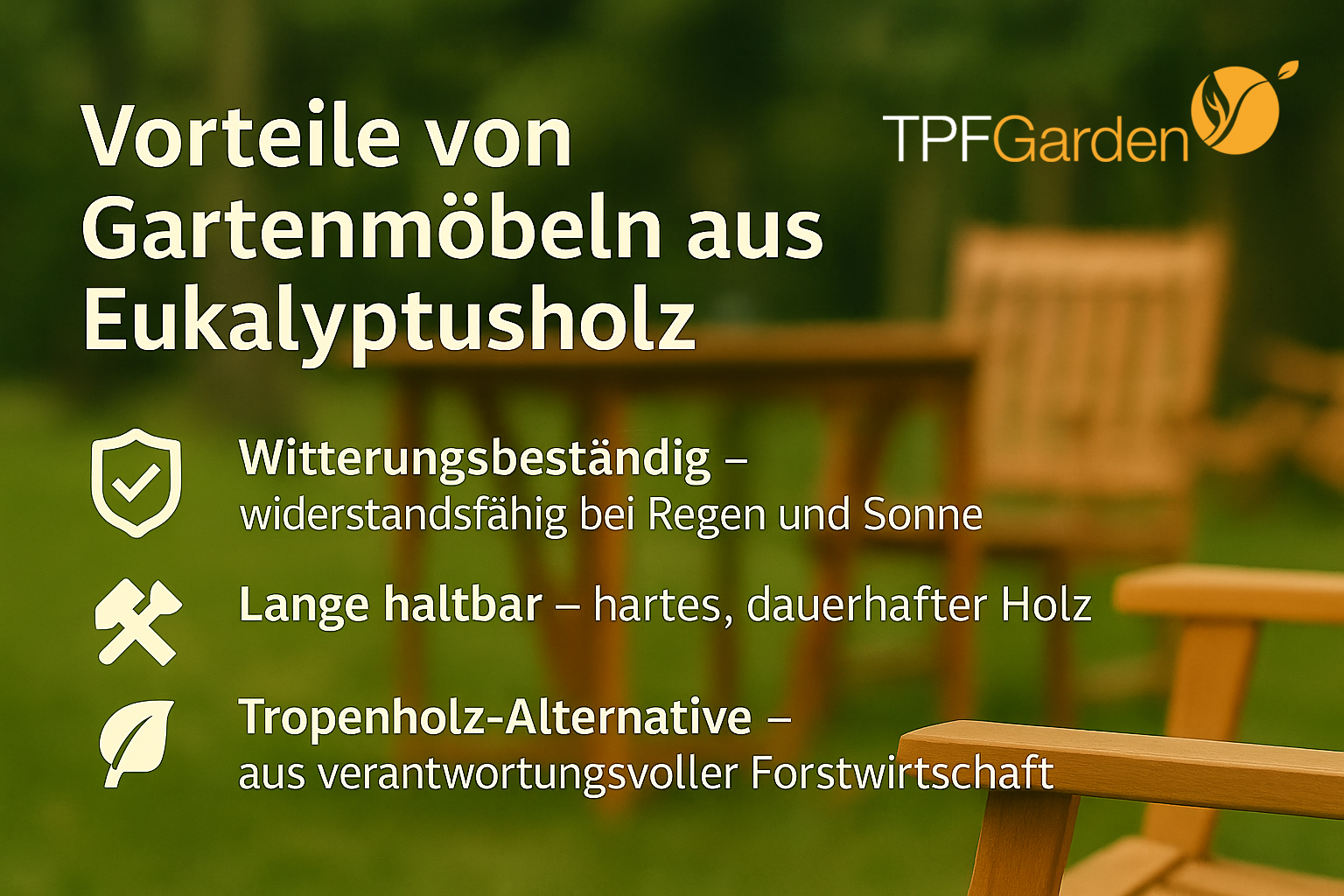 Text auf verschwommenem grünen Hintergrund mit Gartenmöbeln, der die Vorteile von Eukalyptusholzmöbeln diskutiert.