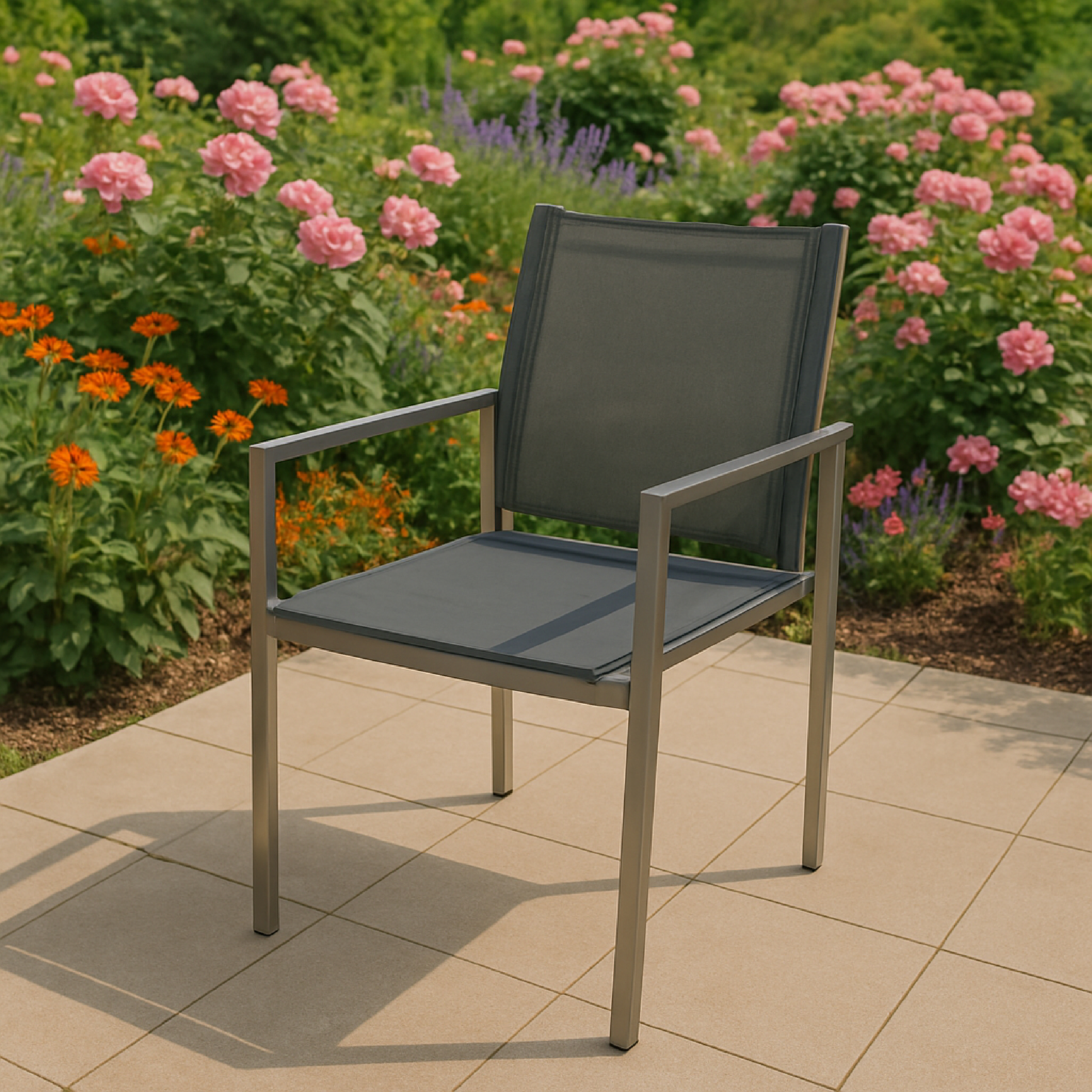 Ein Stuhl mit silbernem Rahmen und grauem Sitz auf einer Terrasse, mit rosa Blumen im Hintergrund.