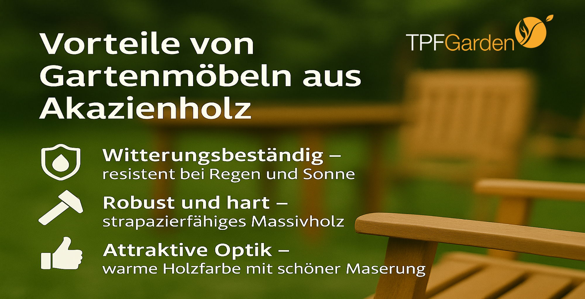 Text auf verschwommenem grünen Hintergrund mit Gartenmöbeln. Erörtert die Vorteile von Akazienholzmöbeln.