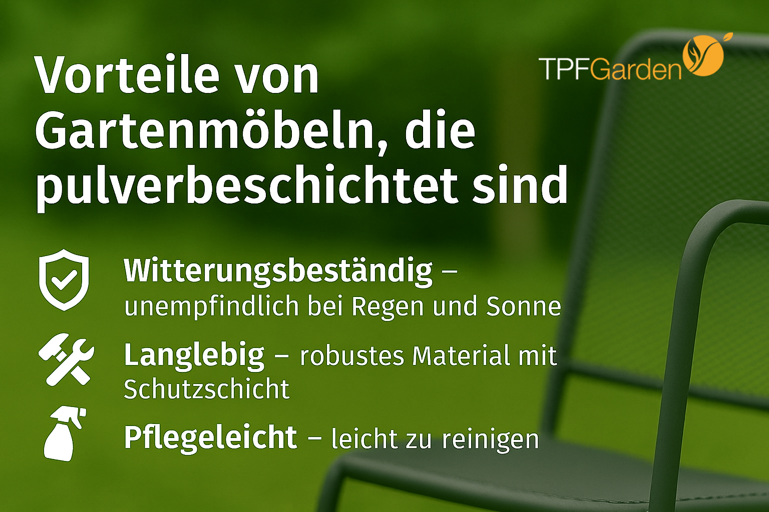 Text über Vorteile von pulverbeschichteten Gartenmöbeln: witterungsbeständig, langlebig, leicht zu reinigen.