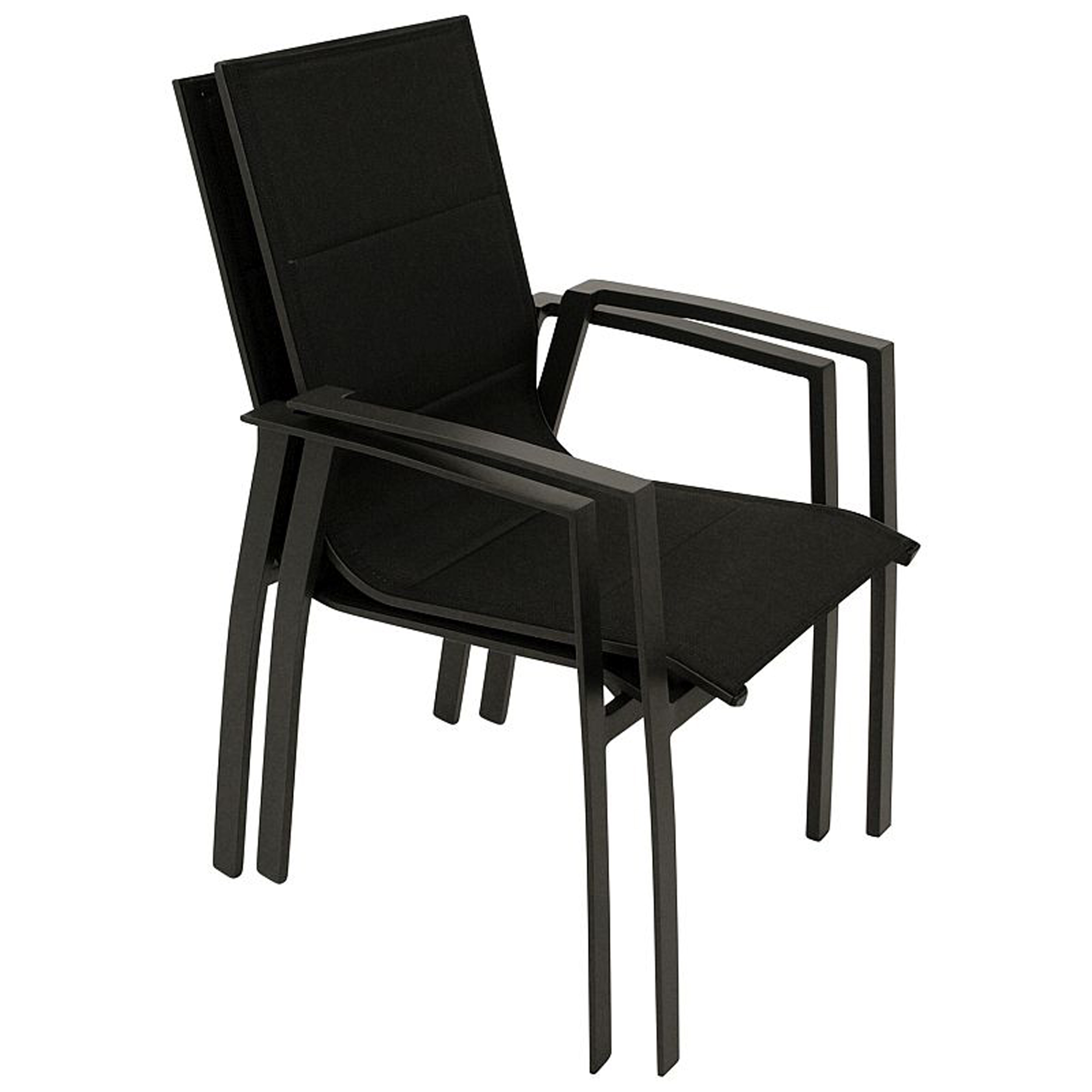 Zwei schwarze Stühle, modernes Design. Stoff Sitz und Rücken, Metallrahmen. Zum Verstauen gestapelt.