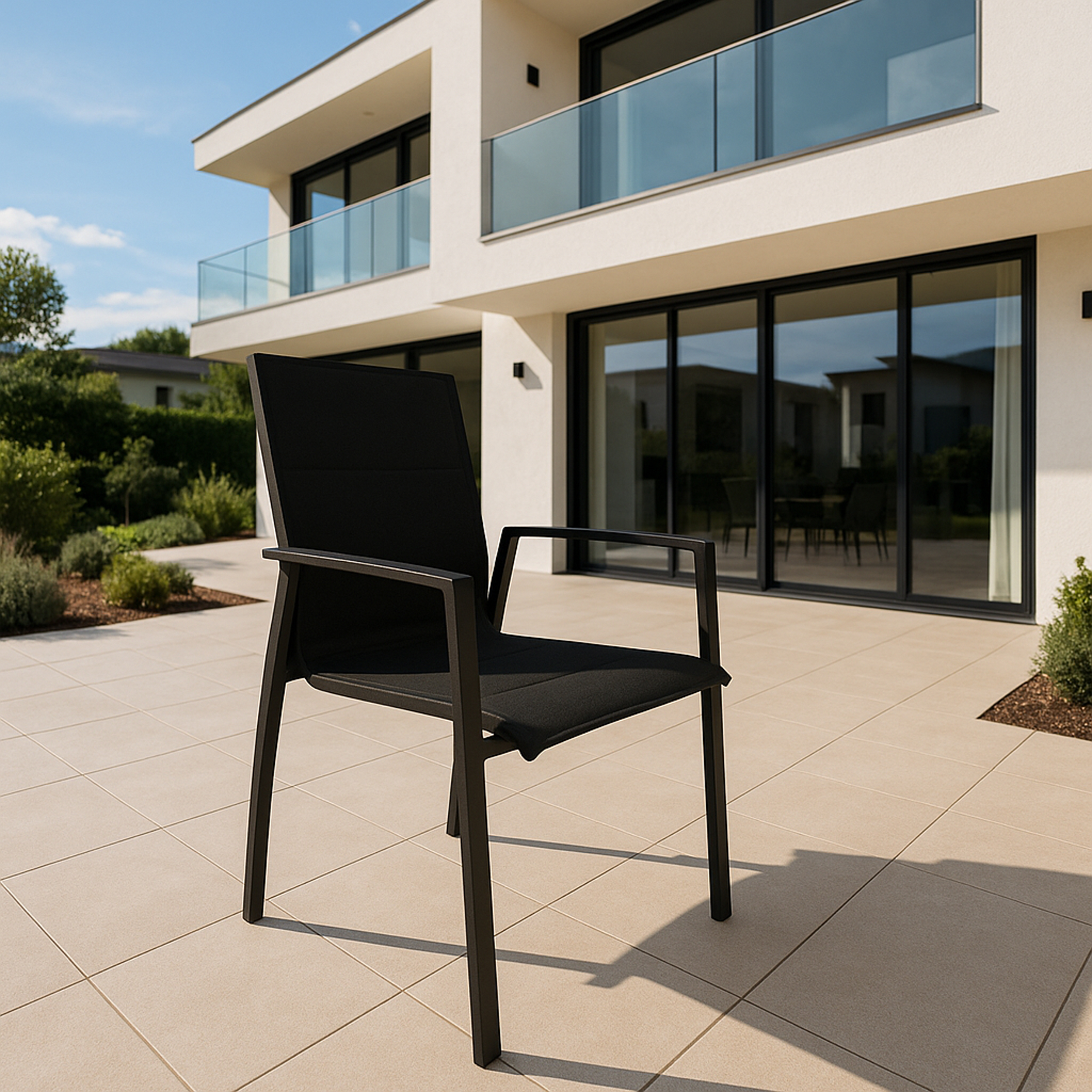 Ein schwarzer Stuhl auf einer Terrasse mit einem modernen Haus und sonnigem Himmel im Hintergrund.
