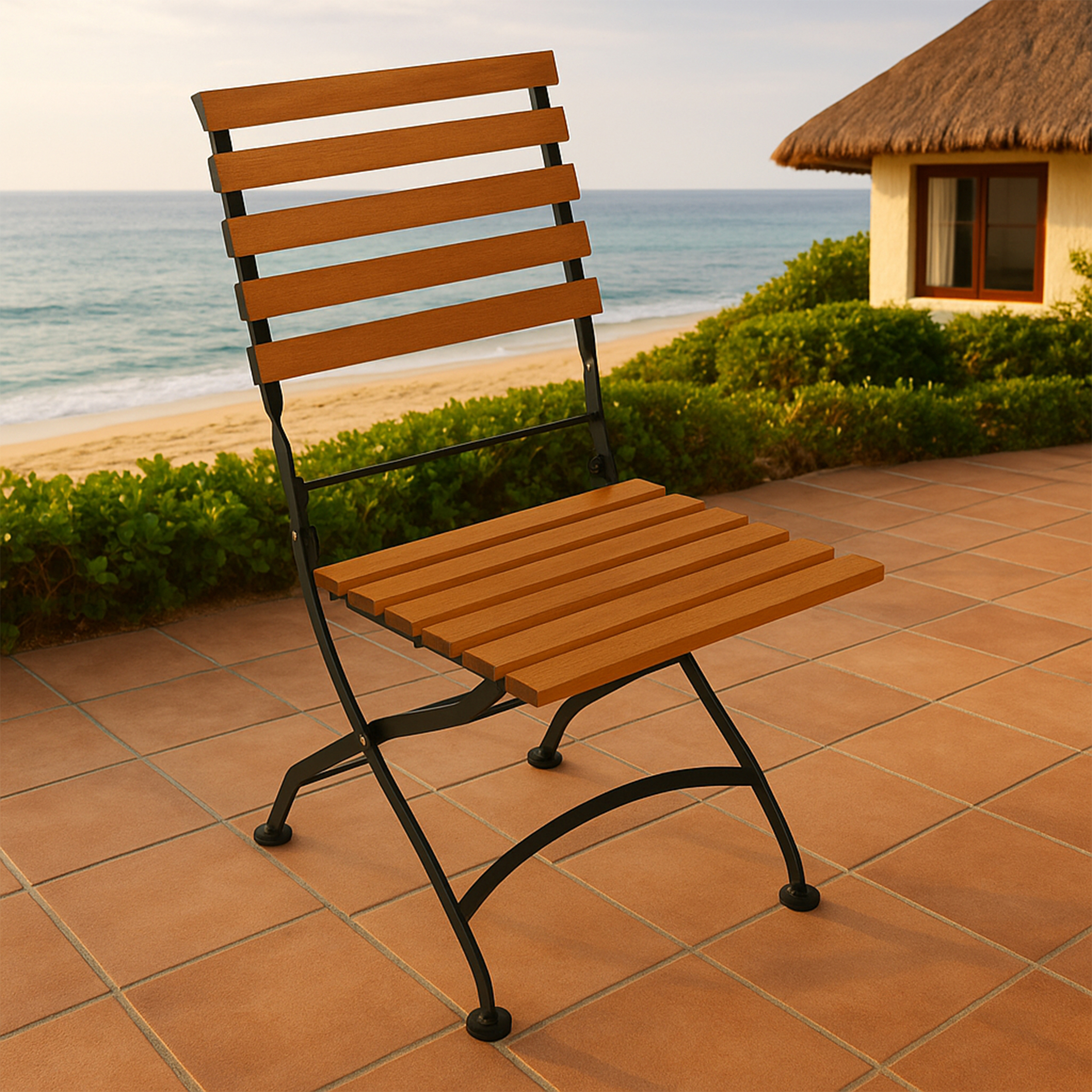 Ein Holzstuhl auf einer Terrasse mit Blick auf einen Strand und das Meer. Gebäude mit Strohdach im Hintergrund.