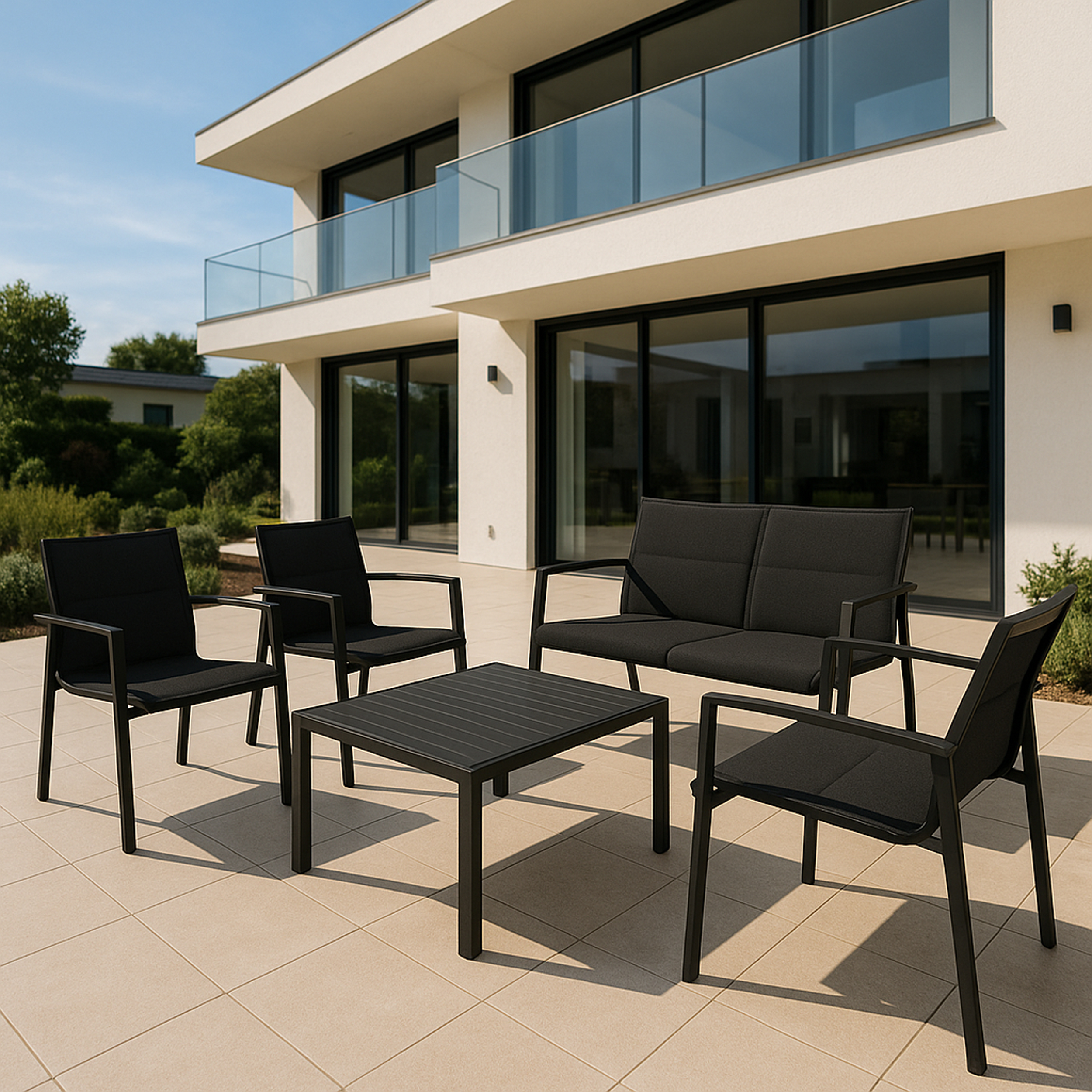 Außenbereich mit schwarzen Stühlen, einem Sofa und einem Tisch. Modernes Haus im Hintergrund.