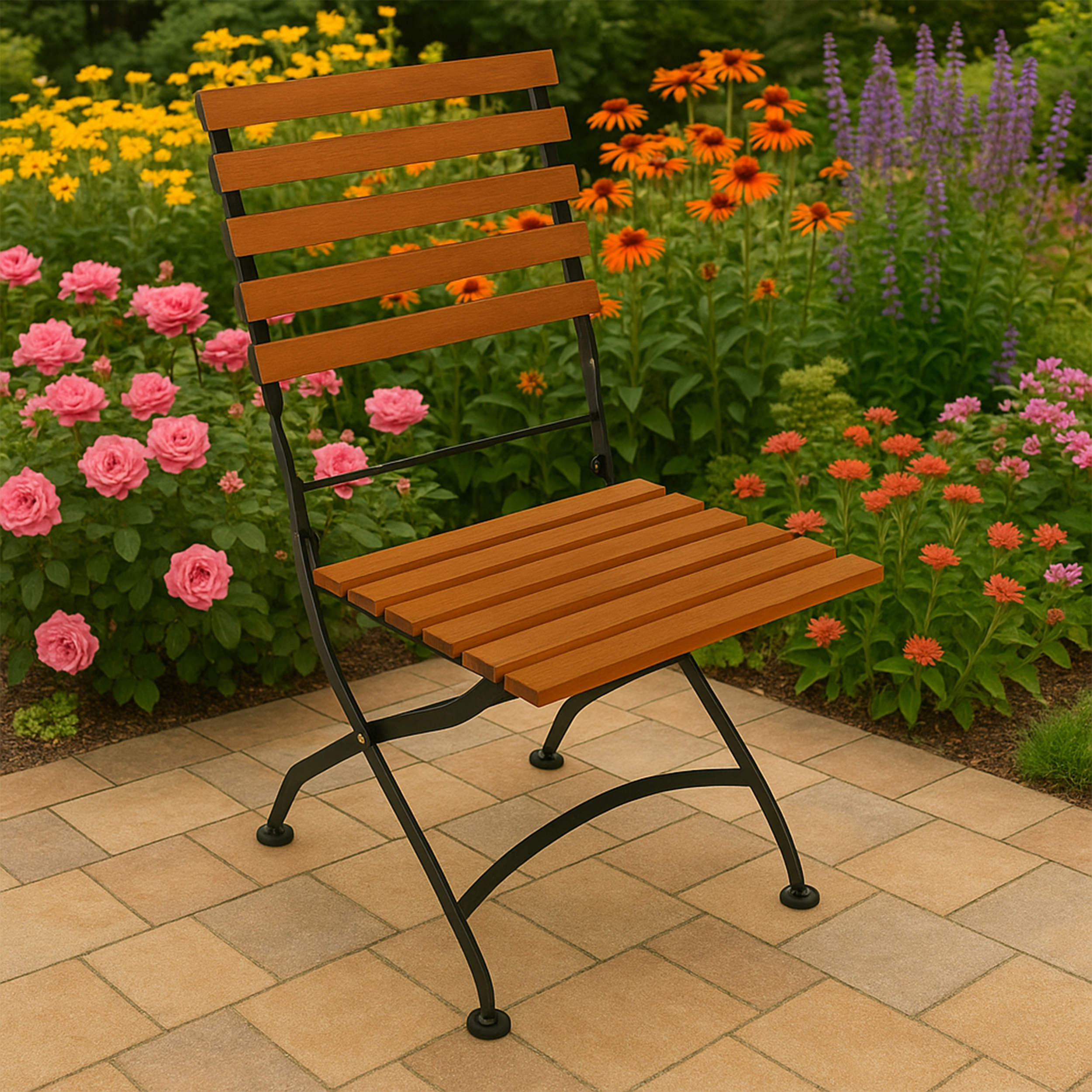 Ein Holzstuhl mit schwarzem Metallgestell steht auf einer Ziegelterrasse, umgeben von einem Garten mit Blumen in verschiedenen Farben.