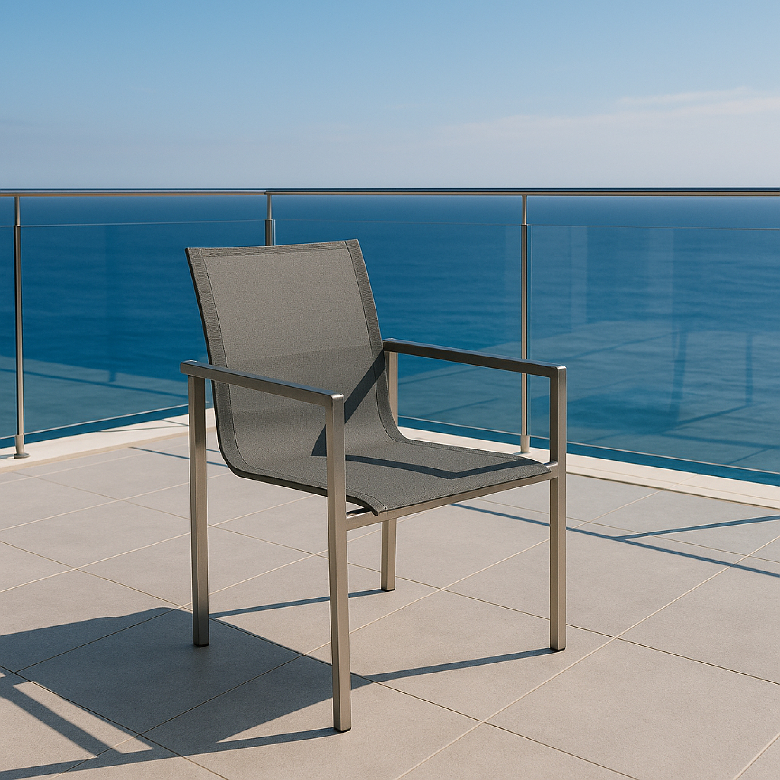 Grauer Stuhl mit silbernem Rahmen auf einer Terrasse mit Blick auf das Meer.