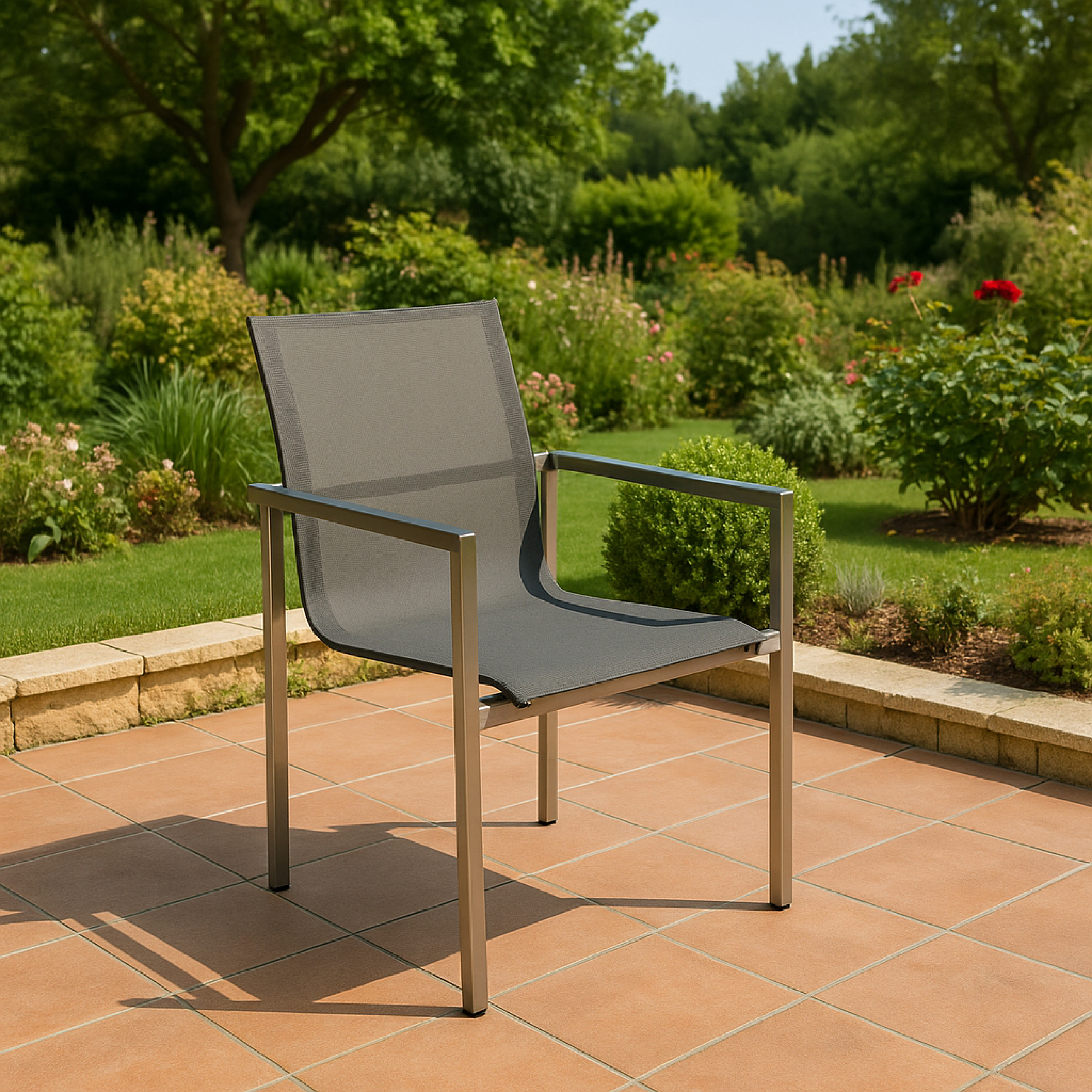 Ein grauer Stuhl mit grauem Stoffbezug und Rahmen auf einer braunen Fliesen-Terrasse mit Blumen im Hintergrund.