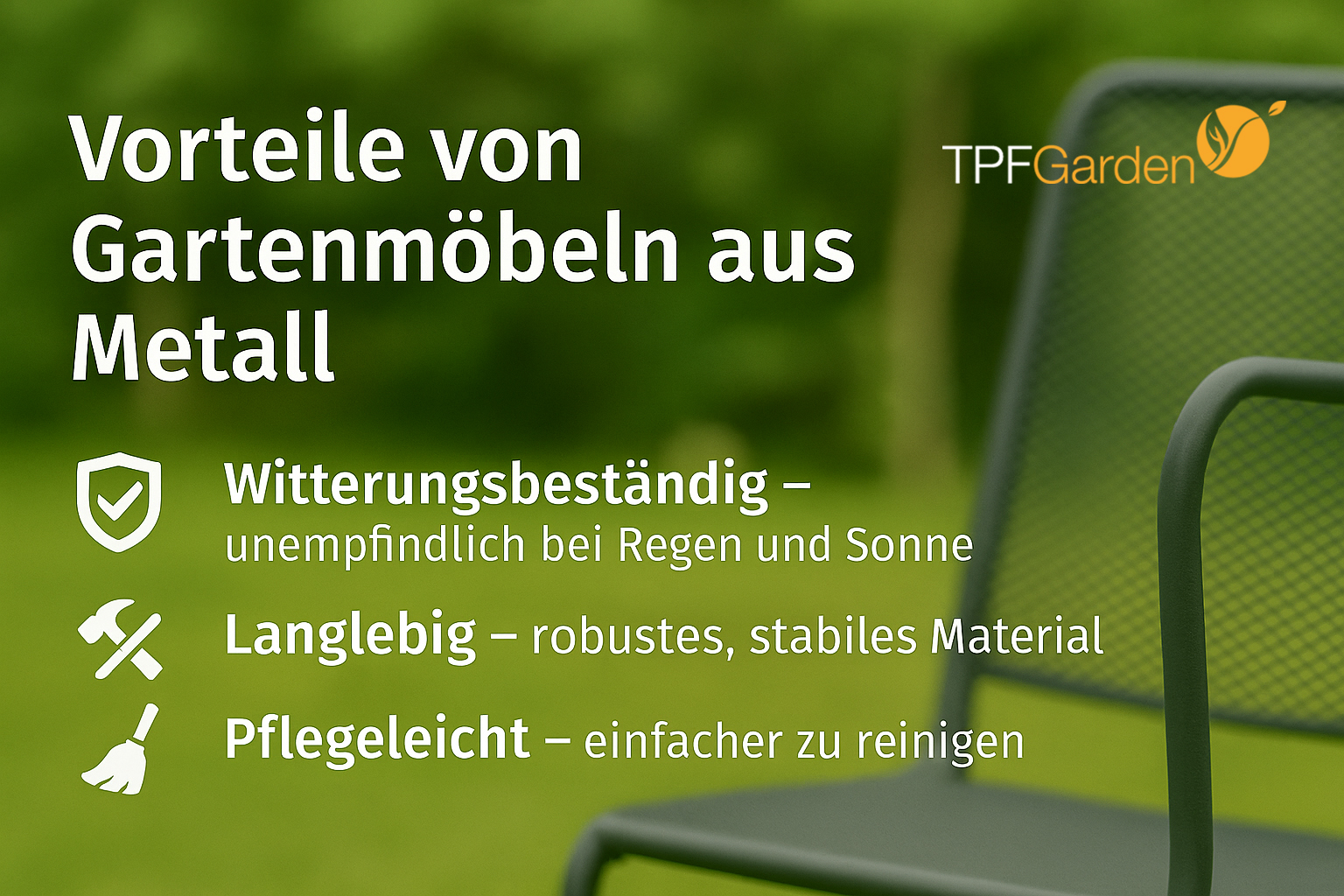Weißer Text auf grünem Hintergrund listet die Vorteile von Metall-Gartenmöbeln auf. TPFGarden-Logo sichtbar.