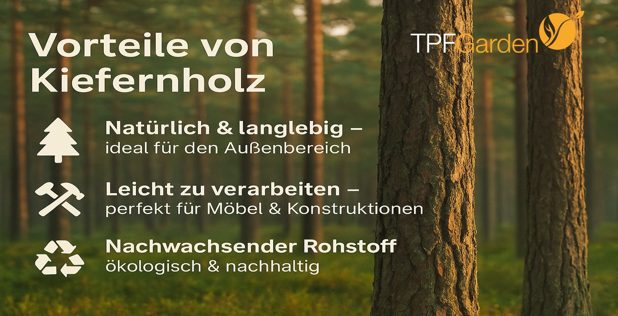 Text auf grünem Hintergrund. Erörtert die Vorteile von Kiefernholz mit Bildern von Bäumen und Werkzeugen.