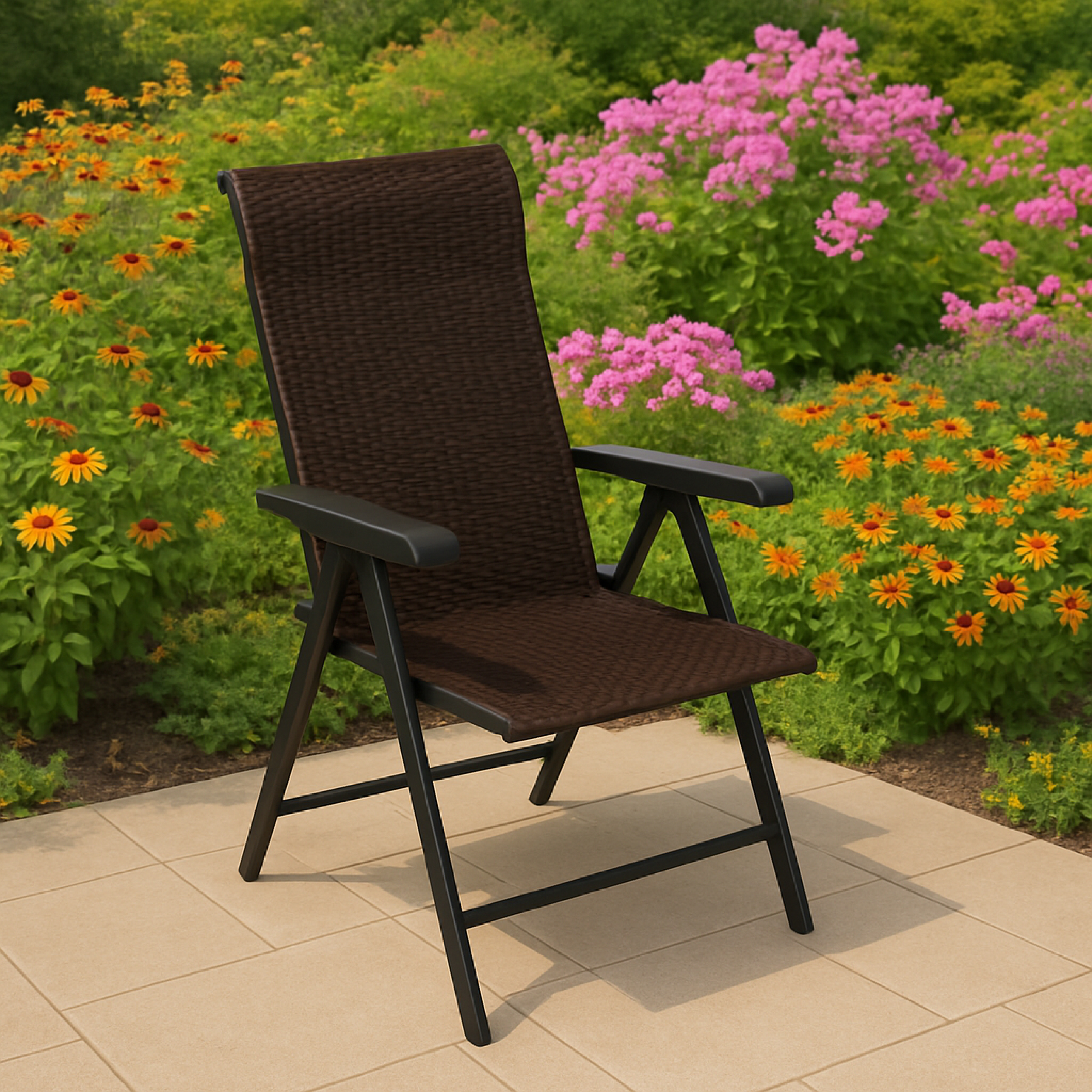 Ein brauner Korbstuhl steht auf einer Terrasse mit einem lebhaften Blumengarten im Hintergrund.