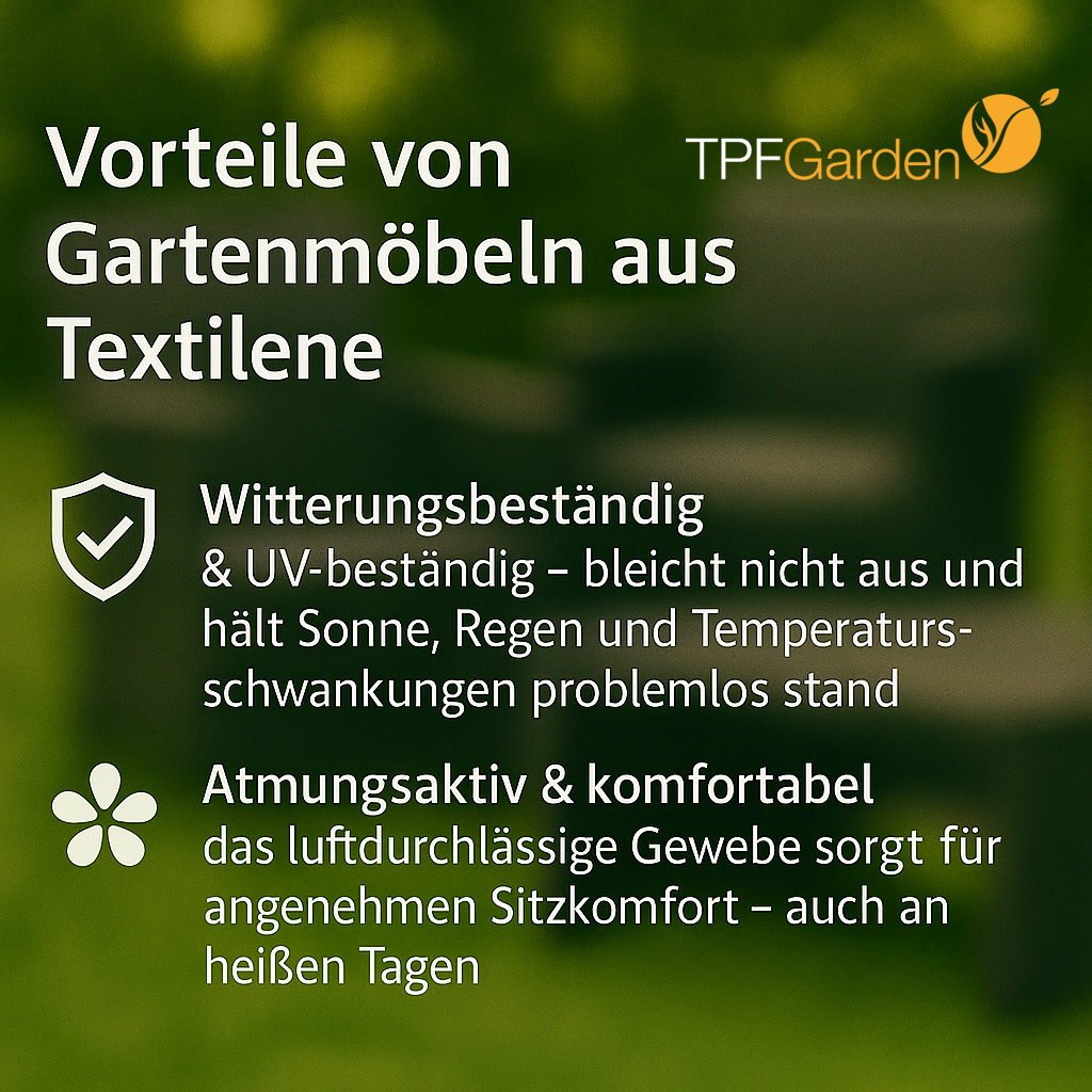 Text auf Deutsch über Vorteile von Textilene-Gartenmöbeln. Enthält ein Häkchen und ein Blumensymbol.