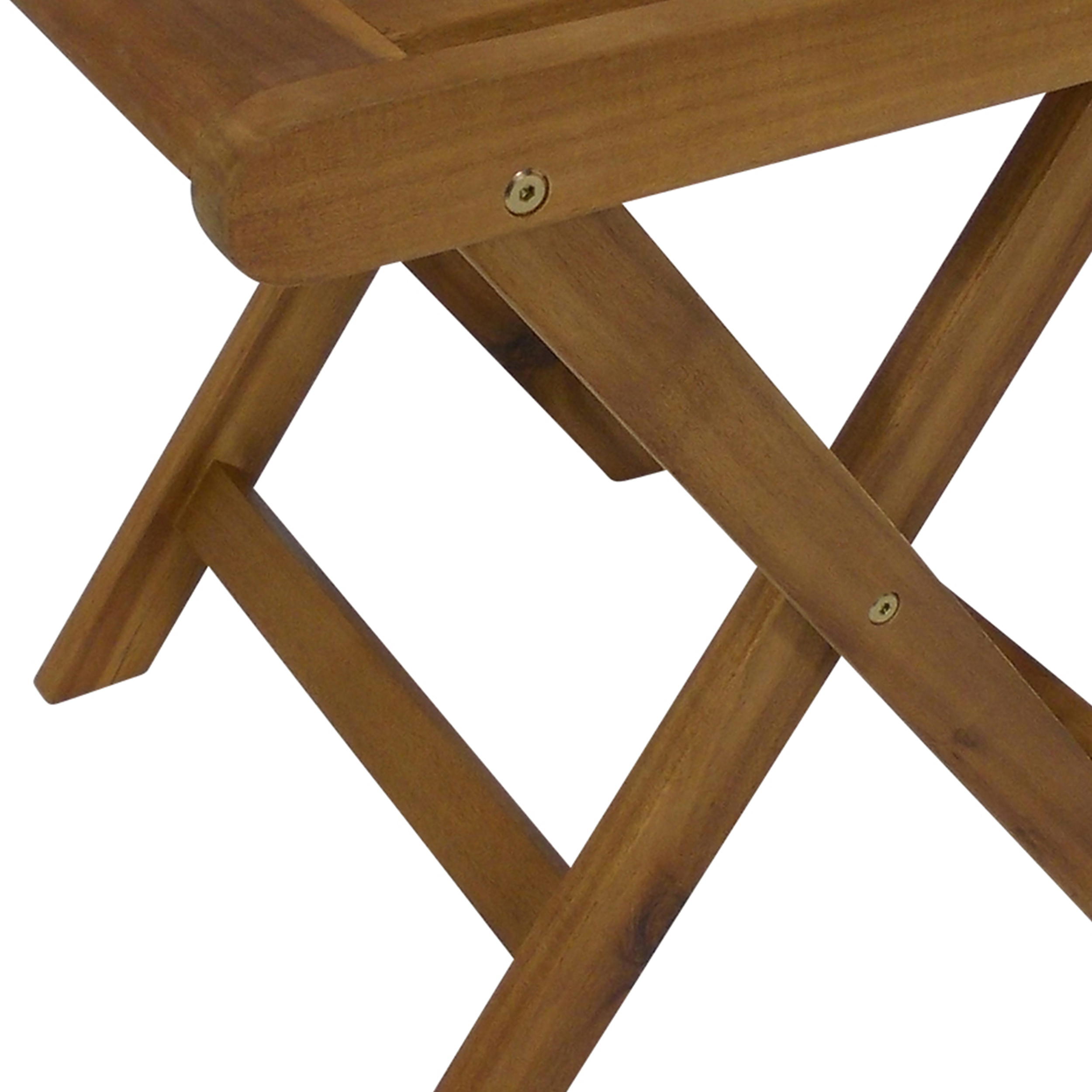 Nahaufnahme einer Ecke eines Holzklapptisches. Zeigt die Holzmaserung und die Konstruktion des Tisches.